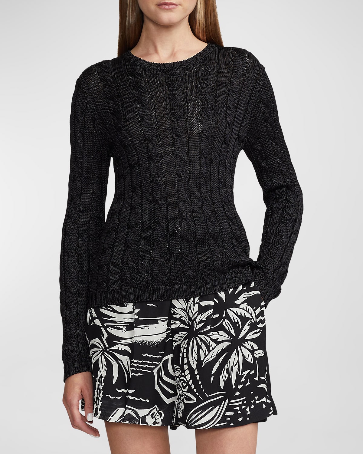 Cable High-Shine Silk Sweater, Black