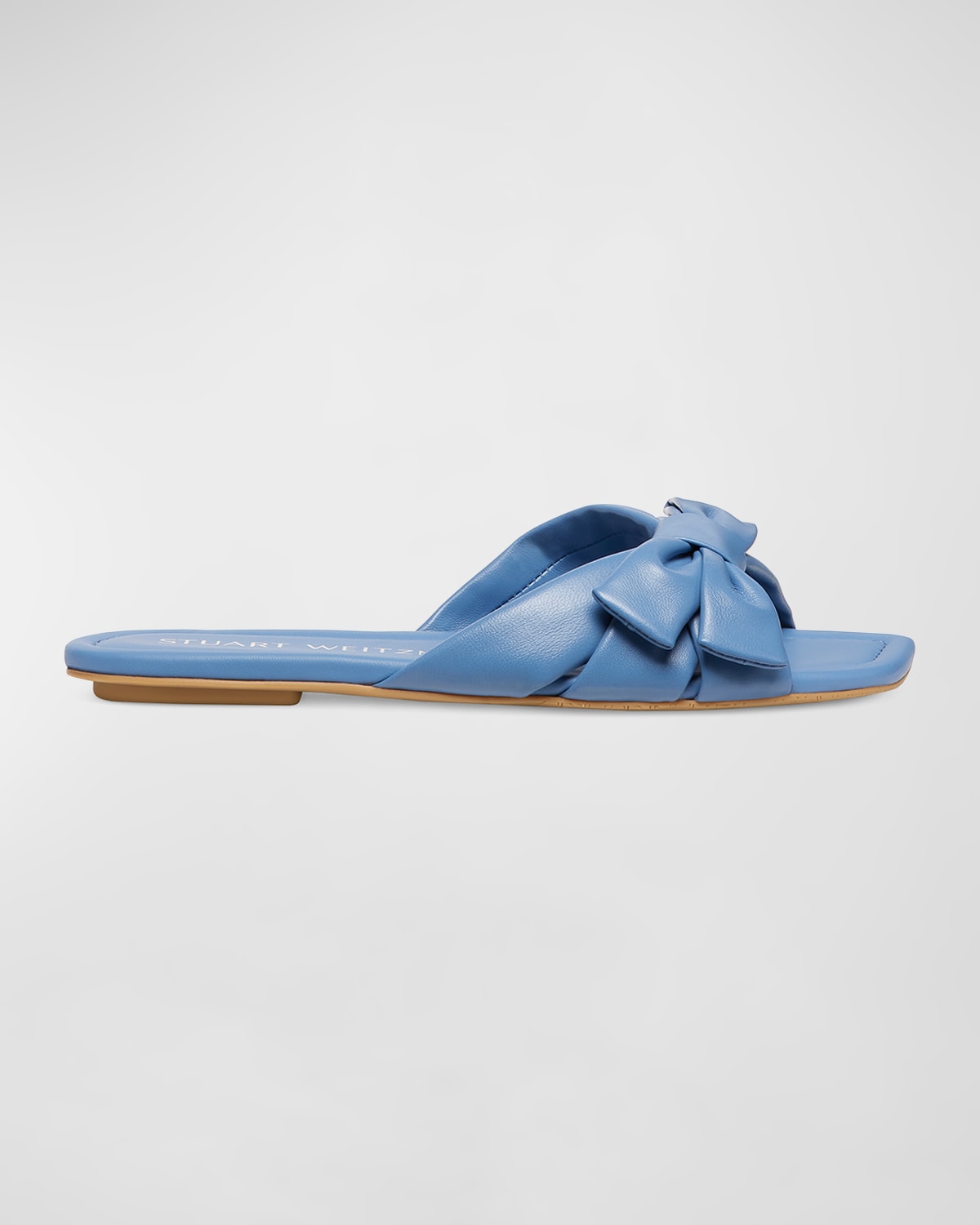 Shop Stuart Weitzman Sofia Leather Bow Slide Sandals In Blue Steel