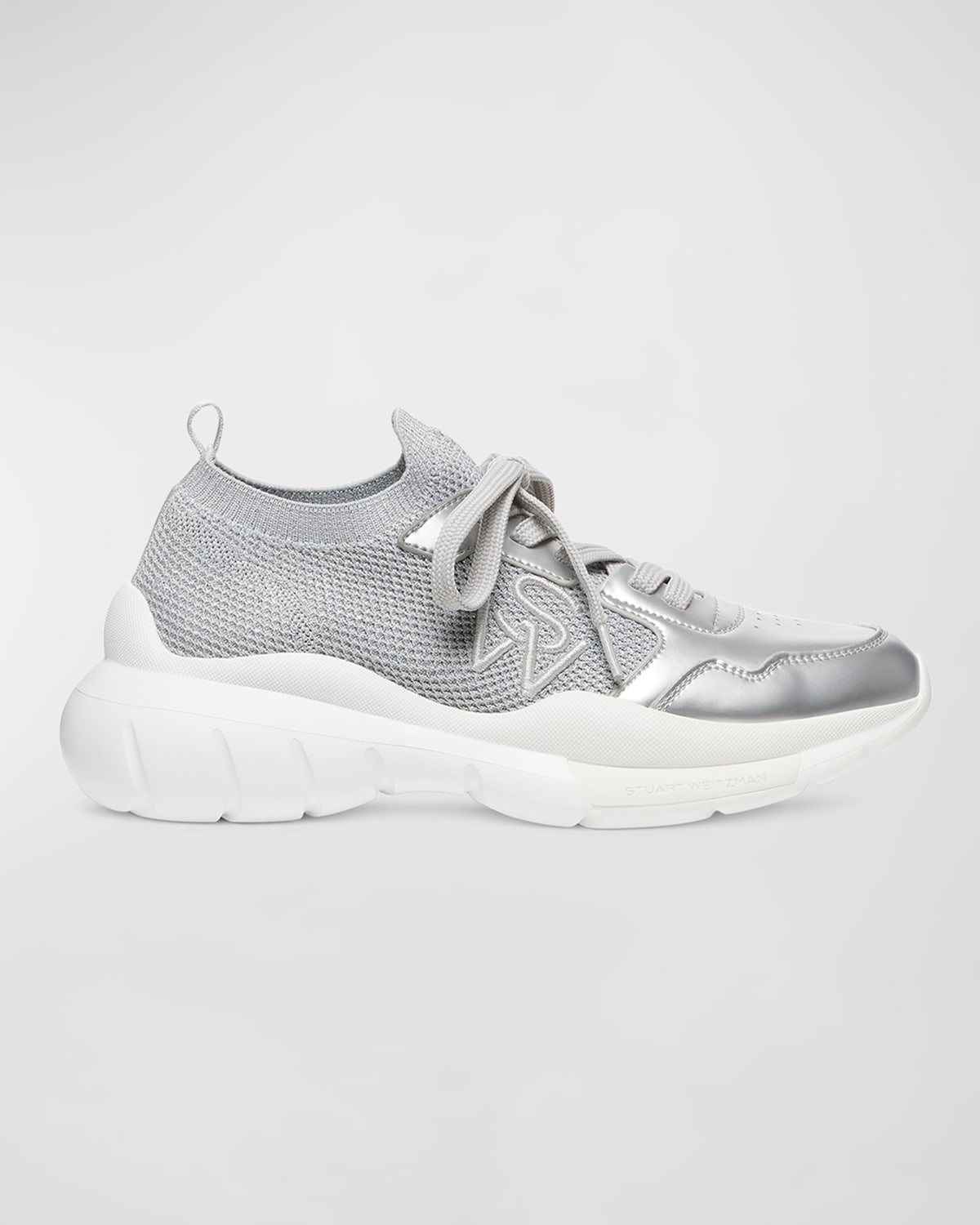 Shop Stuart Weitzman 5050 Metallic Knit Low-top Sneakers In Grey/silver
