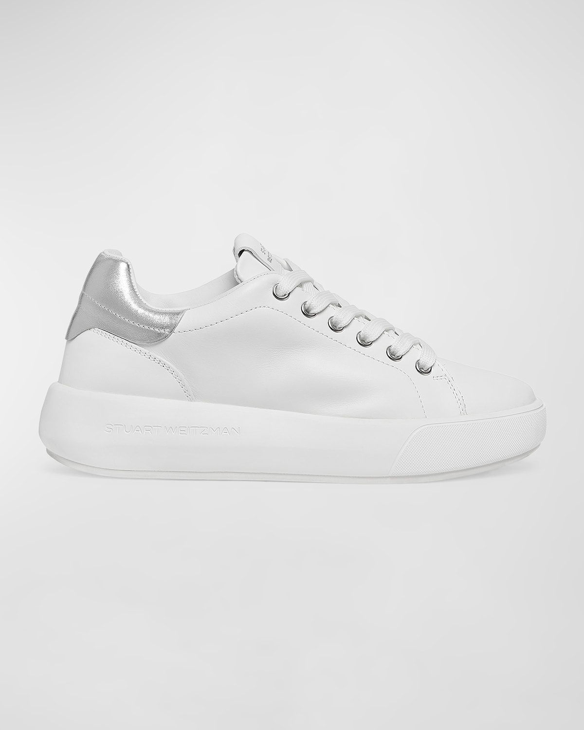Stuart Weitzman Pro Sleek Leather Sneakers In White/silver