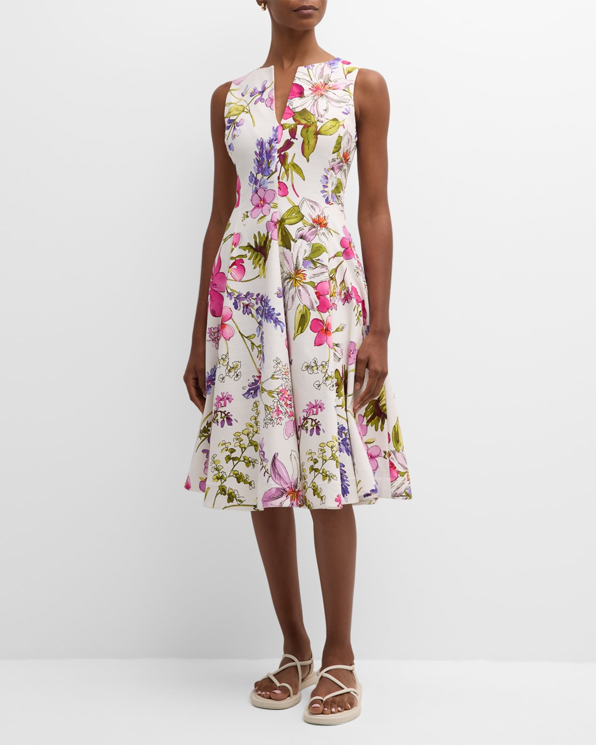 Sleeveless Split-Neck Floral-Print Midi Dress