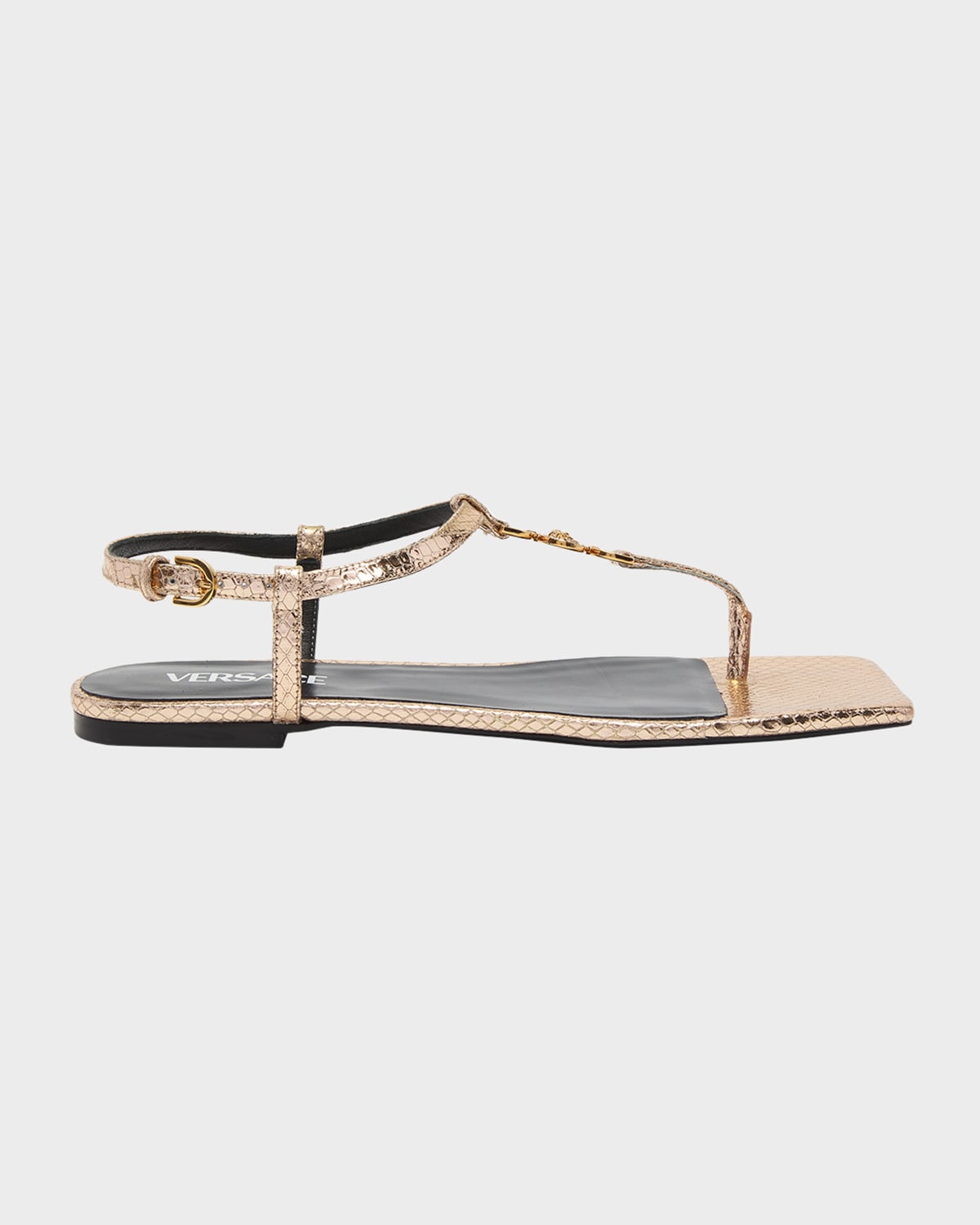 Versace Medusa Metallic T-strap Flat Sandals In Gold
