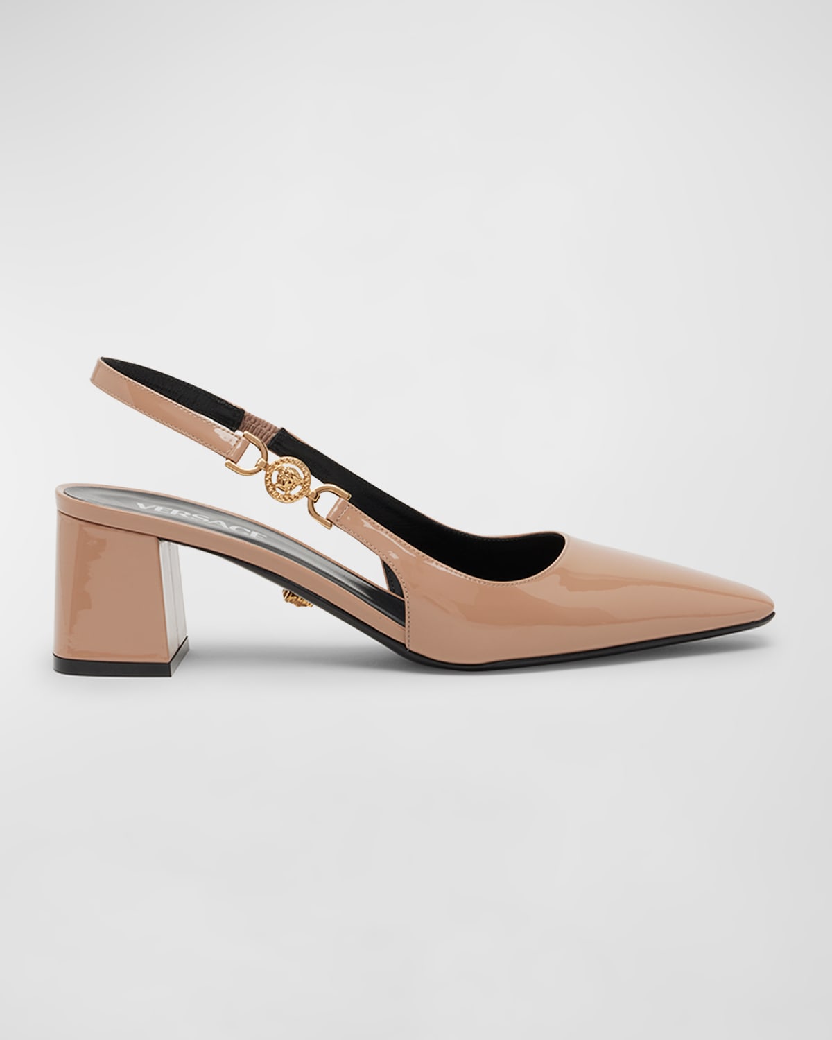 Versace Embellished Patent-leather Slingback Pumps In Blush- Gol
