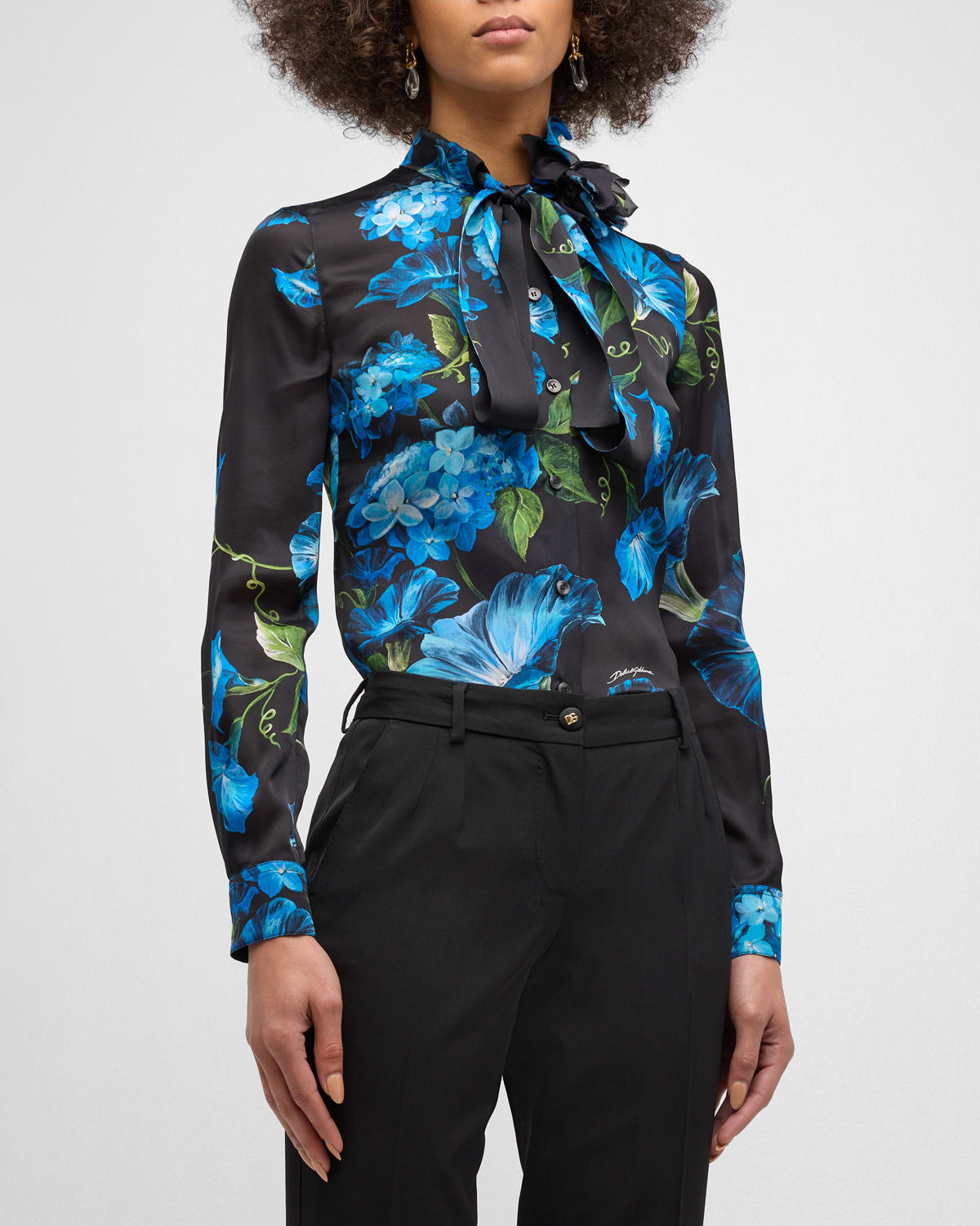 Shop Dolce & Gabbana Satin Bluebell Print Blouse With Tie Neck In Black Prt