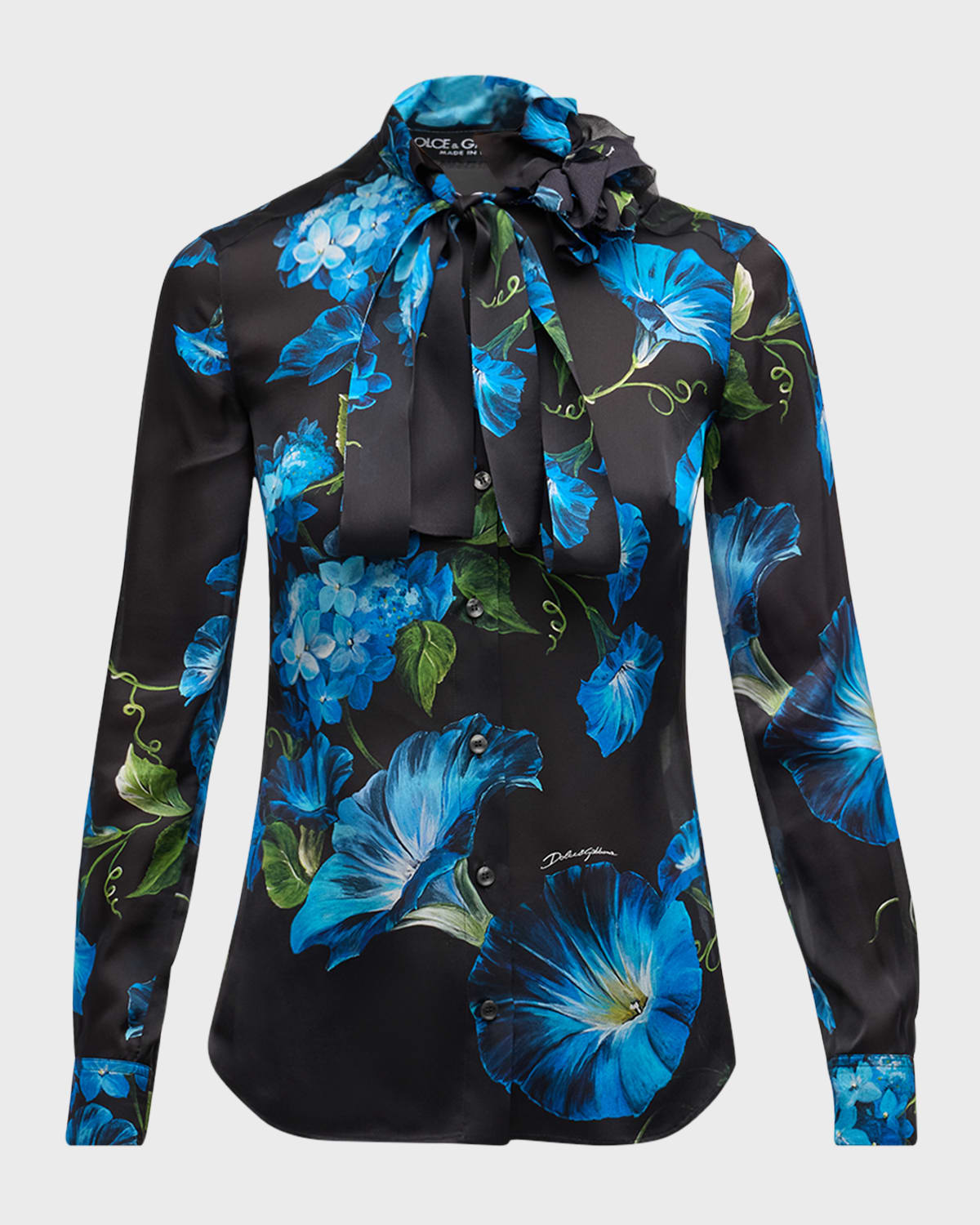Dolce & Gabbana Satin Bluebell Print Blouse With Tie Neck In Black Prt