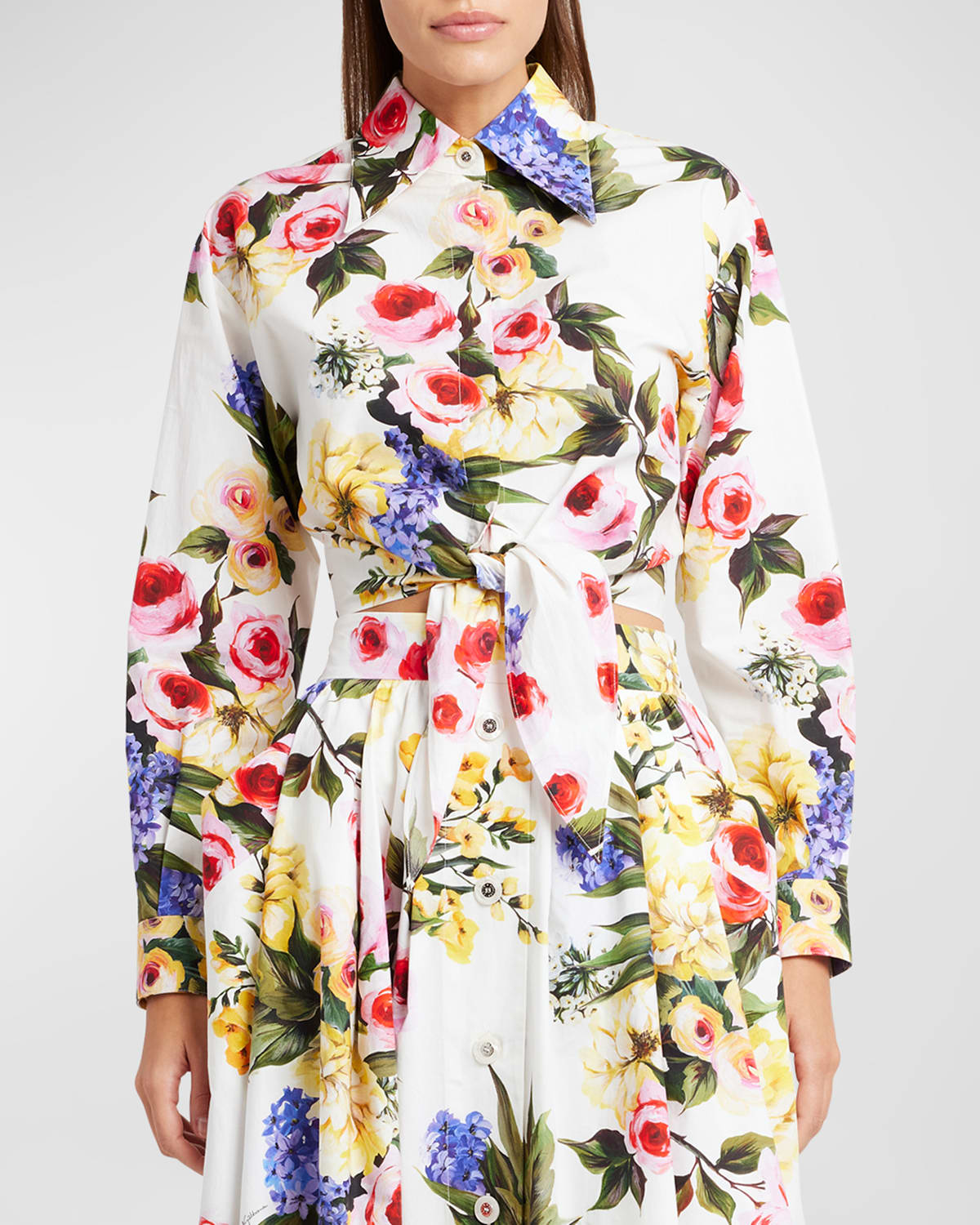 Dolce & Gabbana Floral Print Cropped Poplin Shirt With Front Tie In White Prt