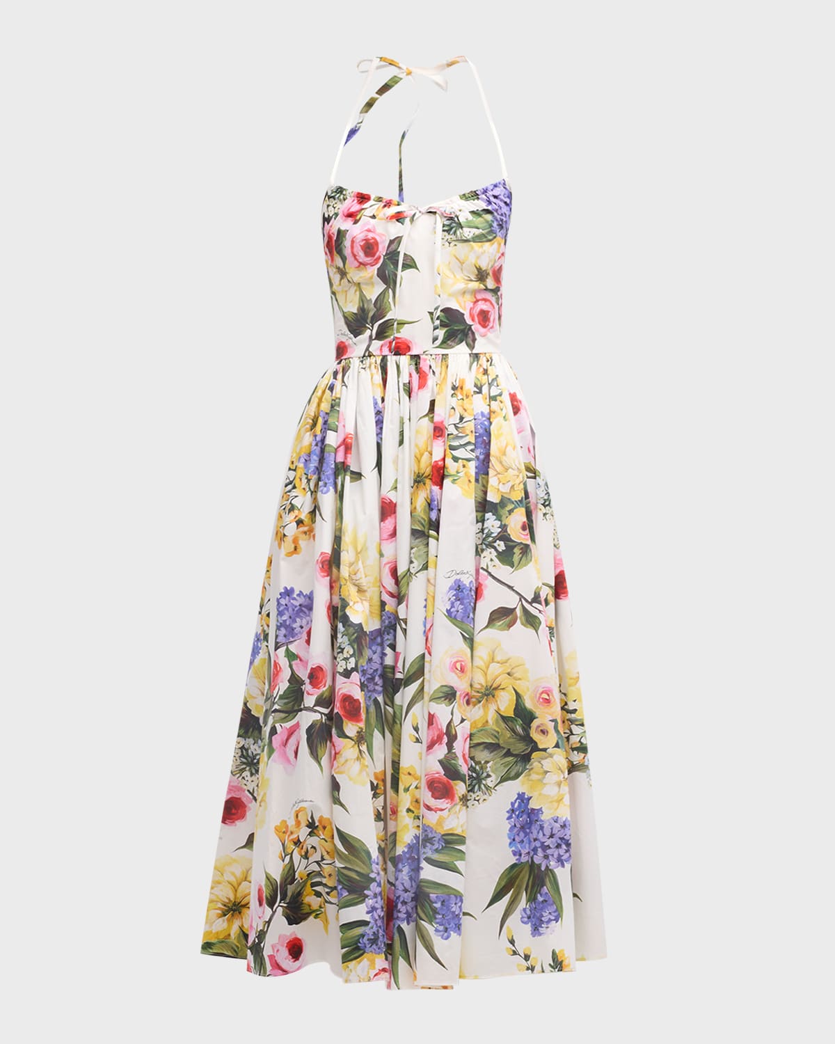 Dolce & Gabbana Gathered Floral-print Cotton-poplin Halterneck Midi Dress In Whiteprint