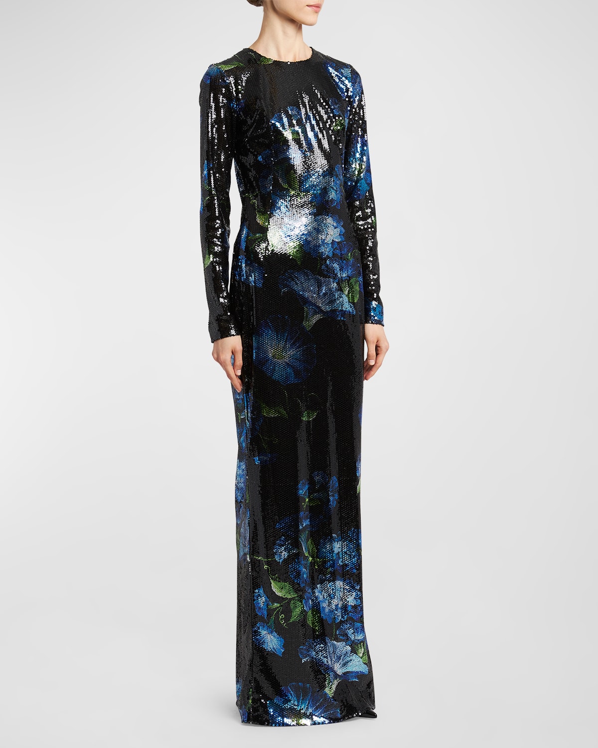 Shop Dolce & Gabbana Bluebell Floral Print Paillette Embellished Gown In Blkprtflow