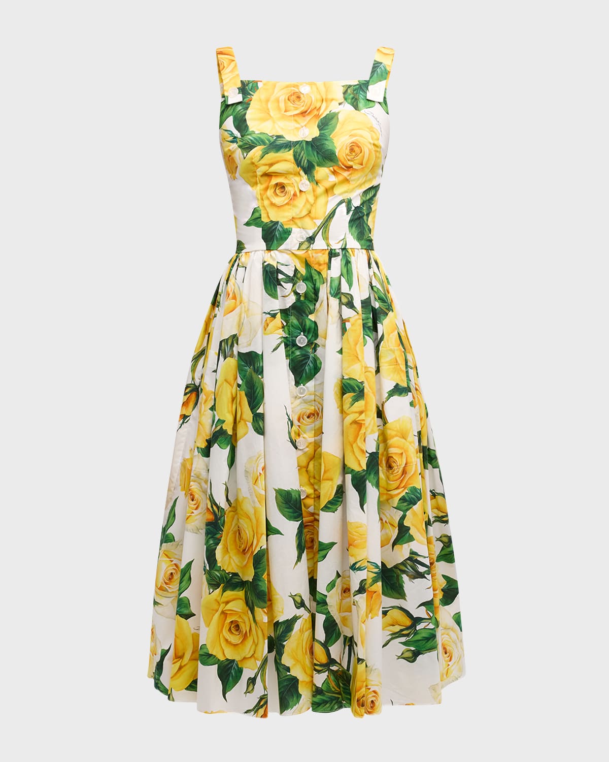 Dolce & Gabbana Pleated Button-embellished Floral-print Cotton-poplin Midi Dress In Whtprtyell