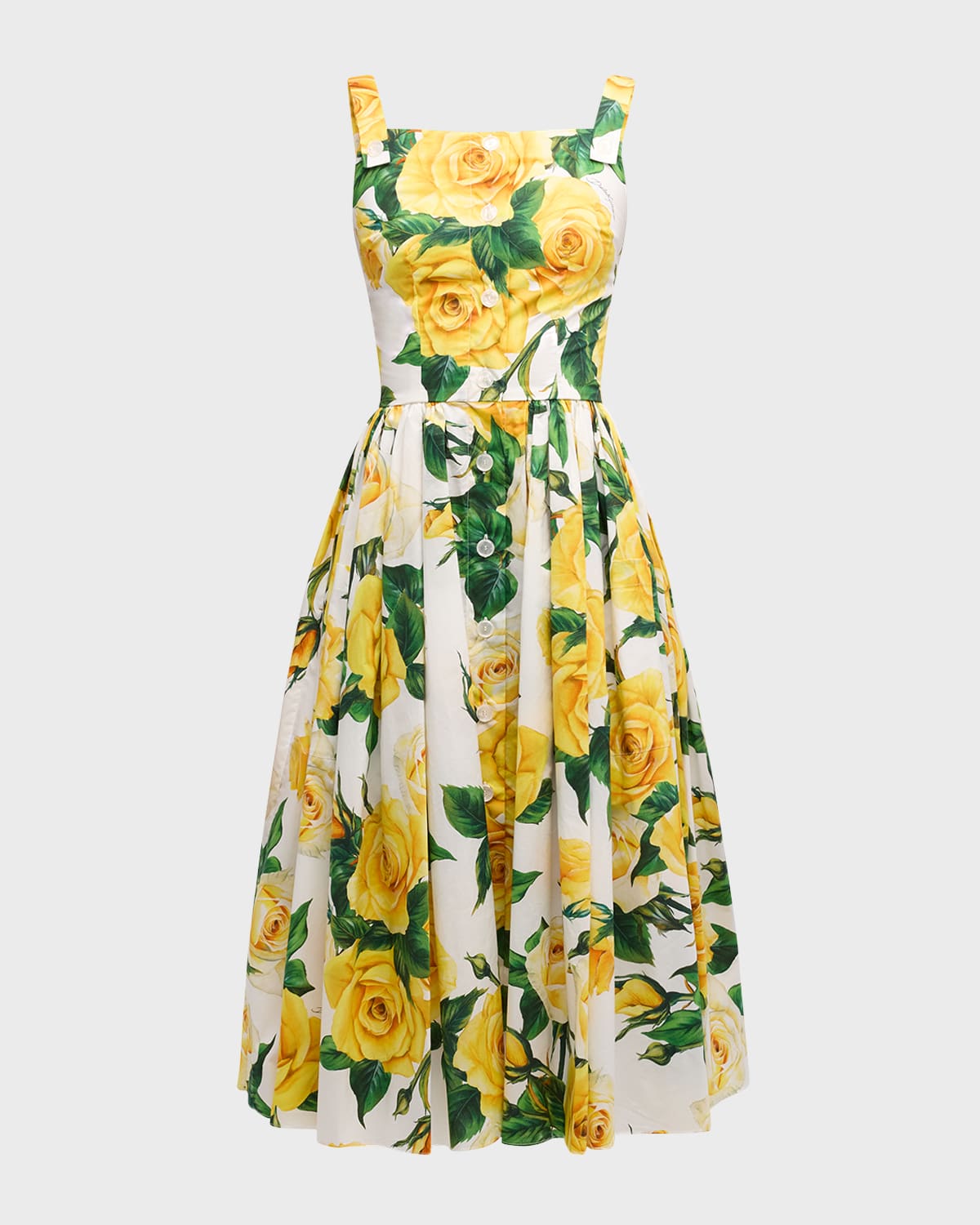 Shop Dolce & Gabbana Yellow Rose Floral Print Poplin Midi Dress In Whtprtyell