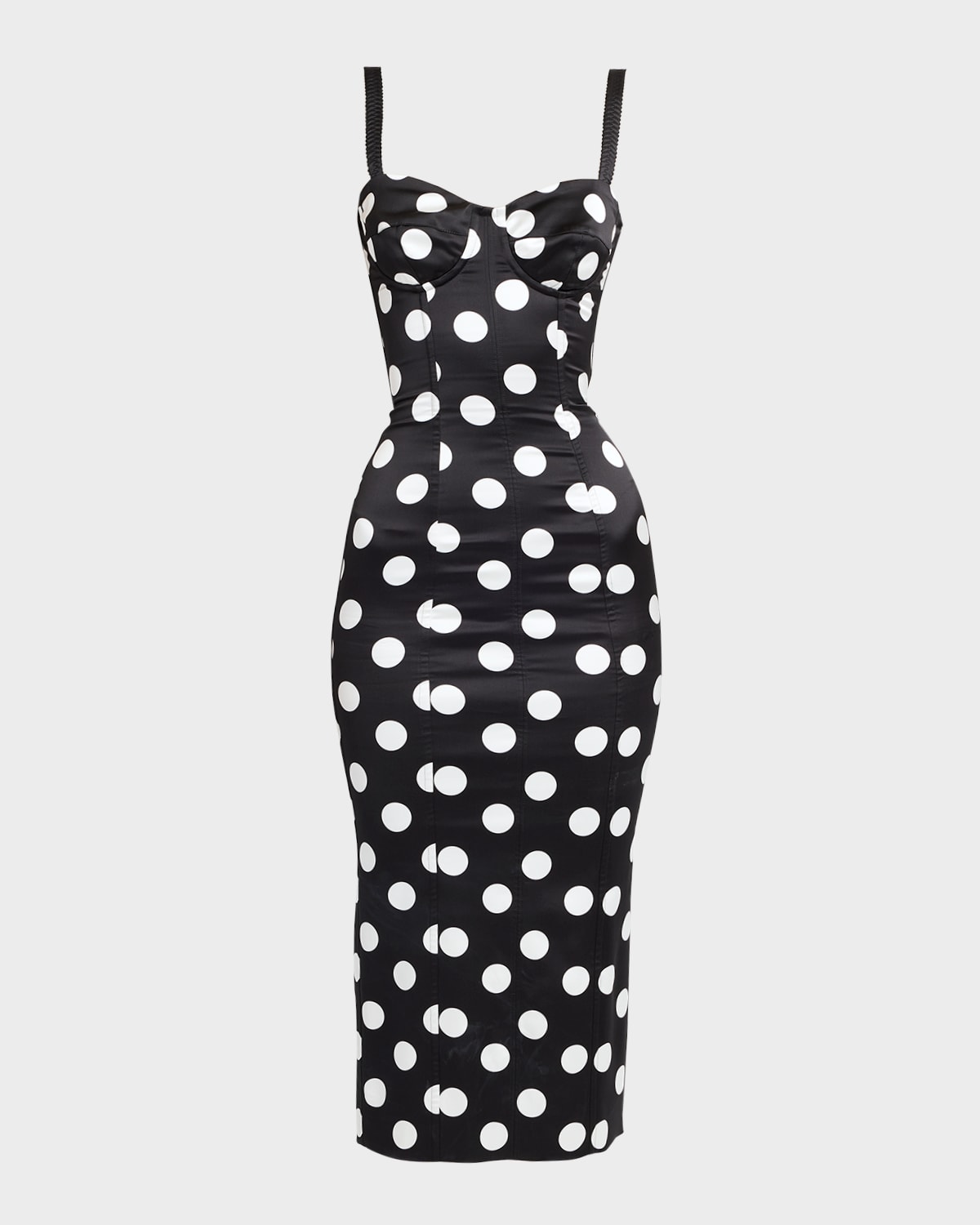 Dolce & Gabbana Corseted Polka-dot Satin Midi Dress In Blkpoiswht