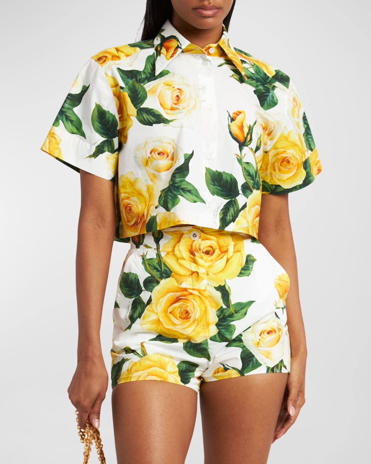 Dolce & Gabbana Yellow Rose Floral Cropped Button-front Shirt In White Prt