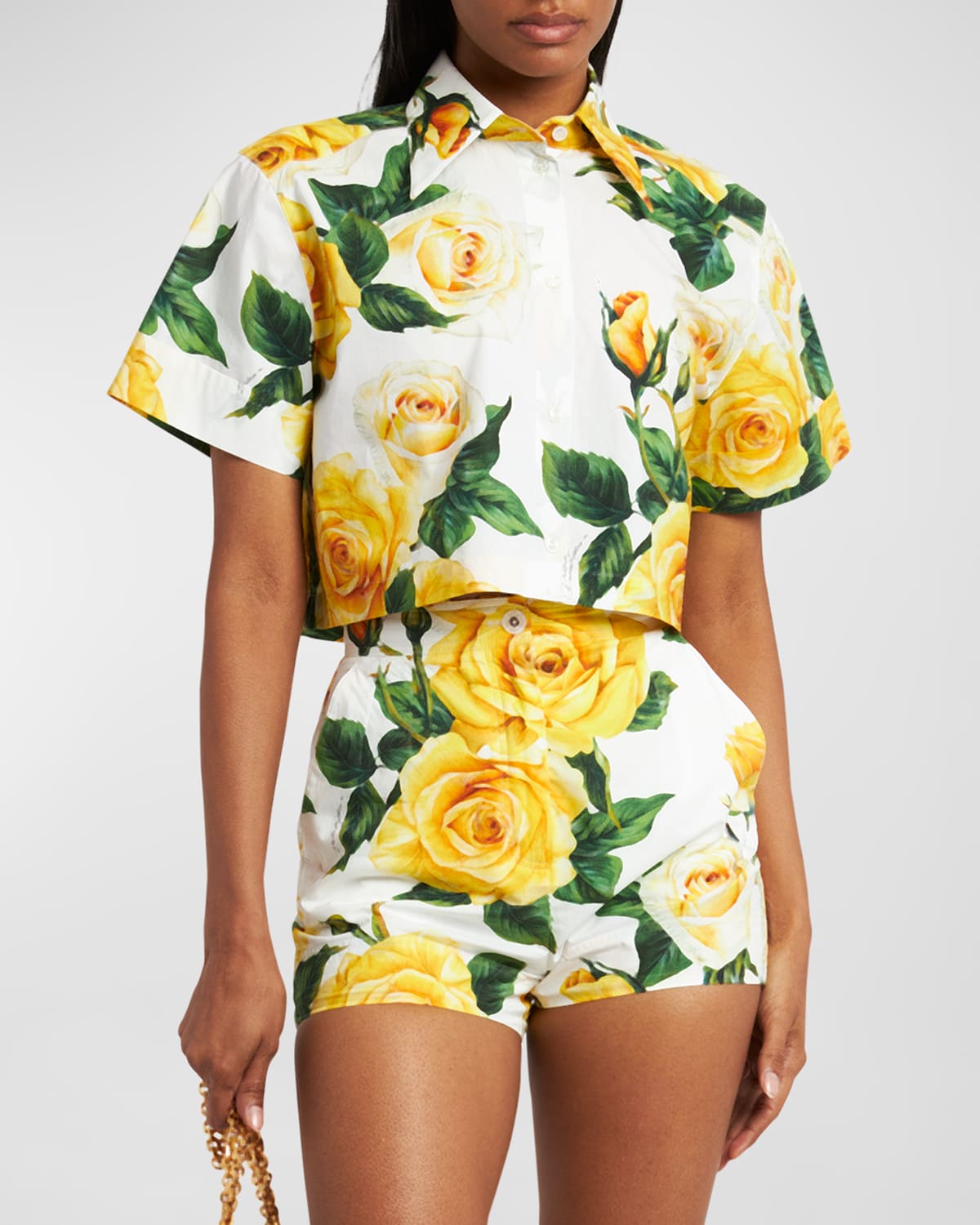 Shop Dolce & Gabbana Yellow Rose Floral Cropped Button-front Shirt In White Prt