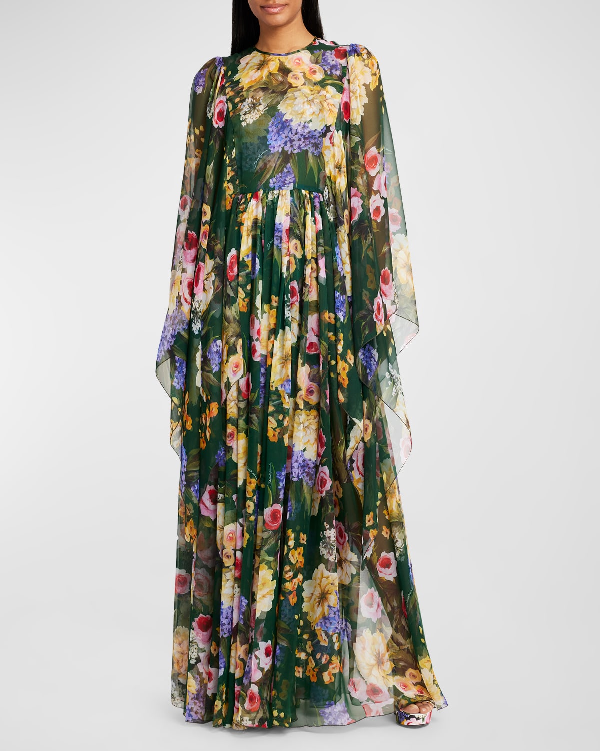 Shop Dolce & Gabbana Floral Print Chiffon Gown With Cape Sleeves In Dkgreenprt