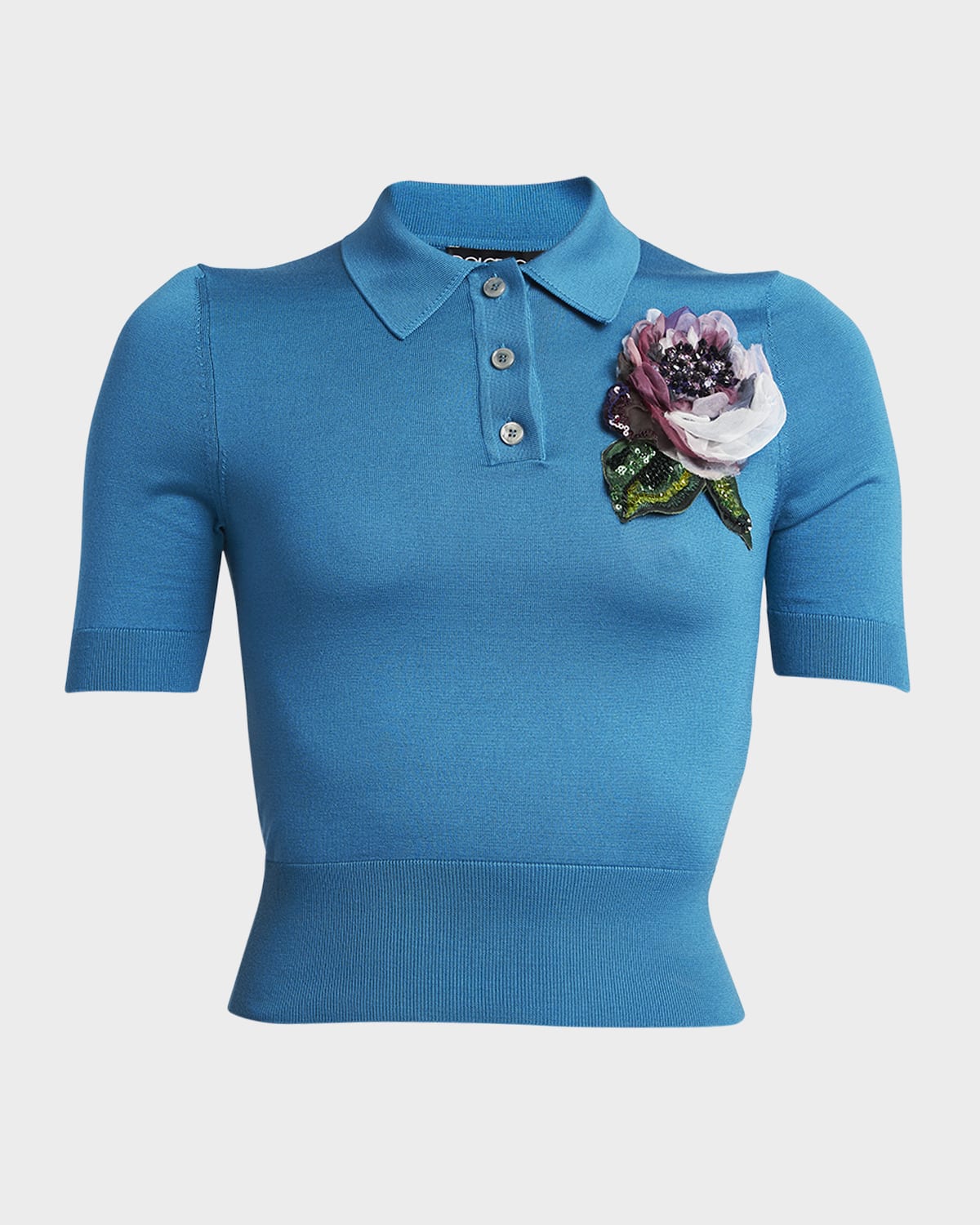 Dolce & Gabbana Silk Henley Top With Floral Applique Detail In Petroleu