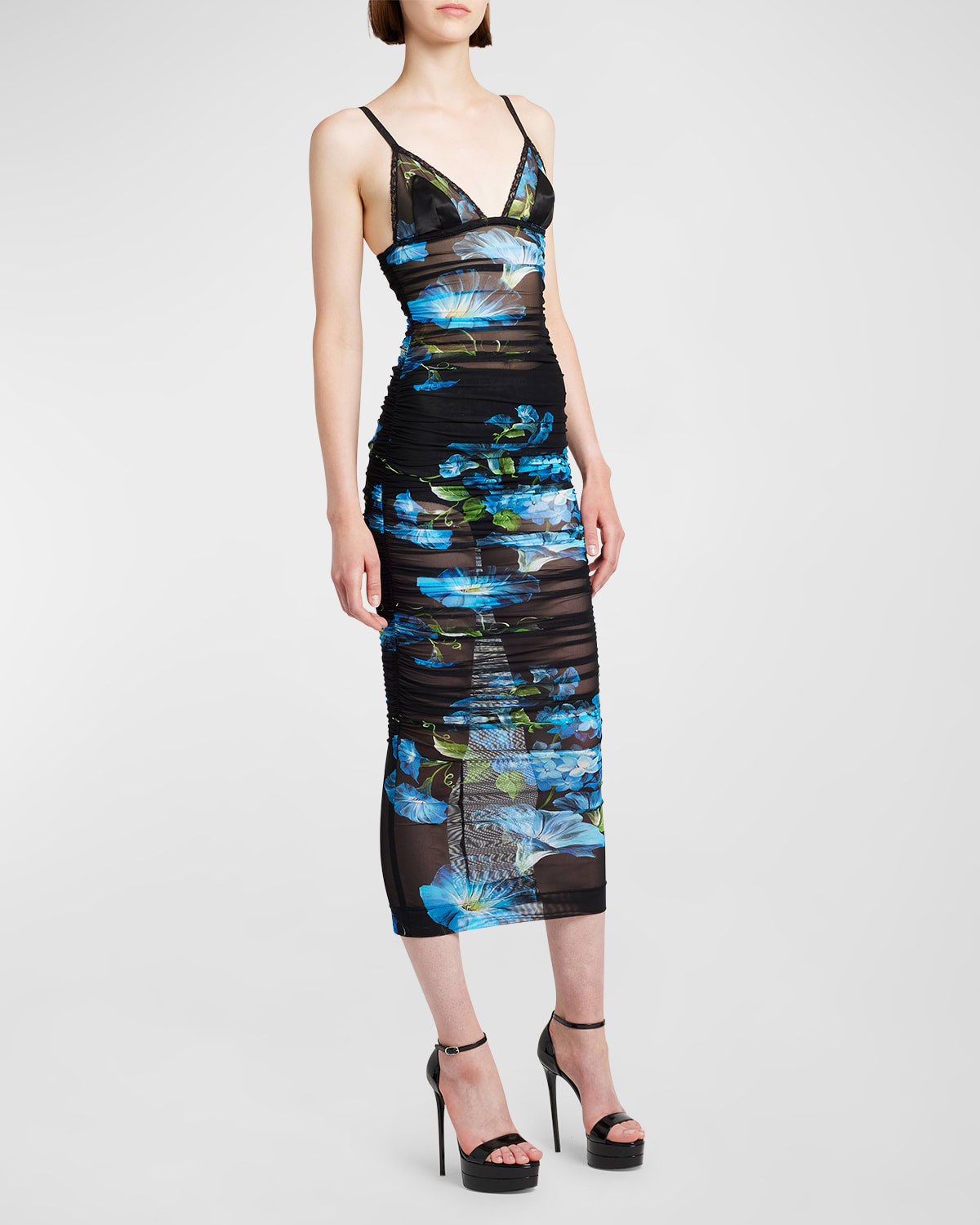 Shop Dolce & Gabbana Bluebell Floral Print Tulle Midi Dress In Blkprtflow