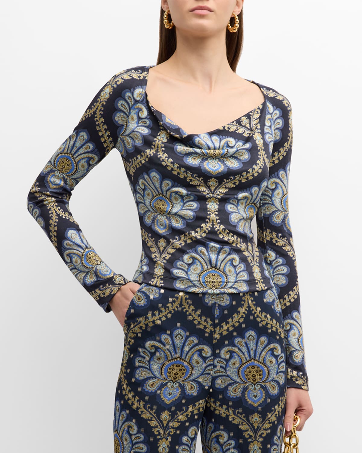 ETRO PRINTED JERSEY OPEN-NECK KNIT TOP