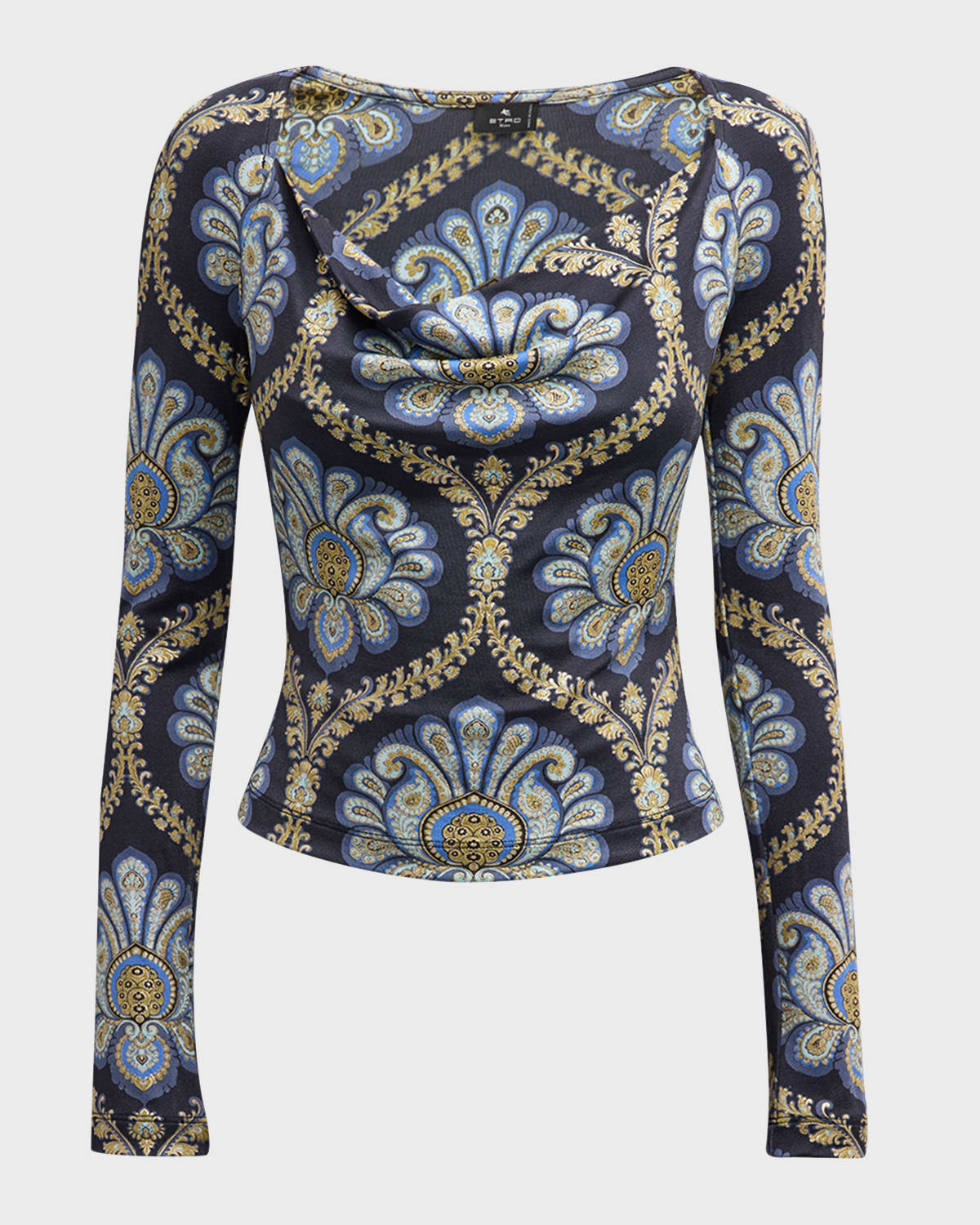 Etro Printed Jersey Open-neck Knit Top In Print On Blue Bas