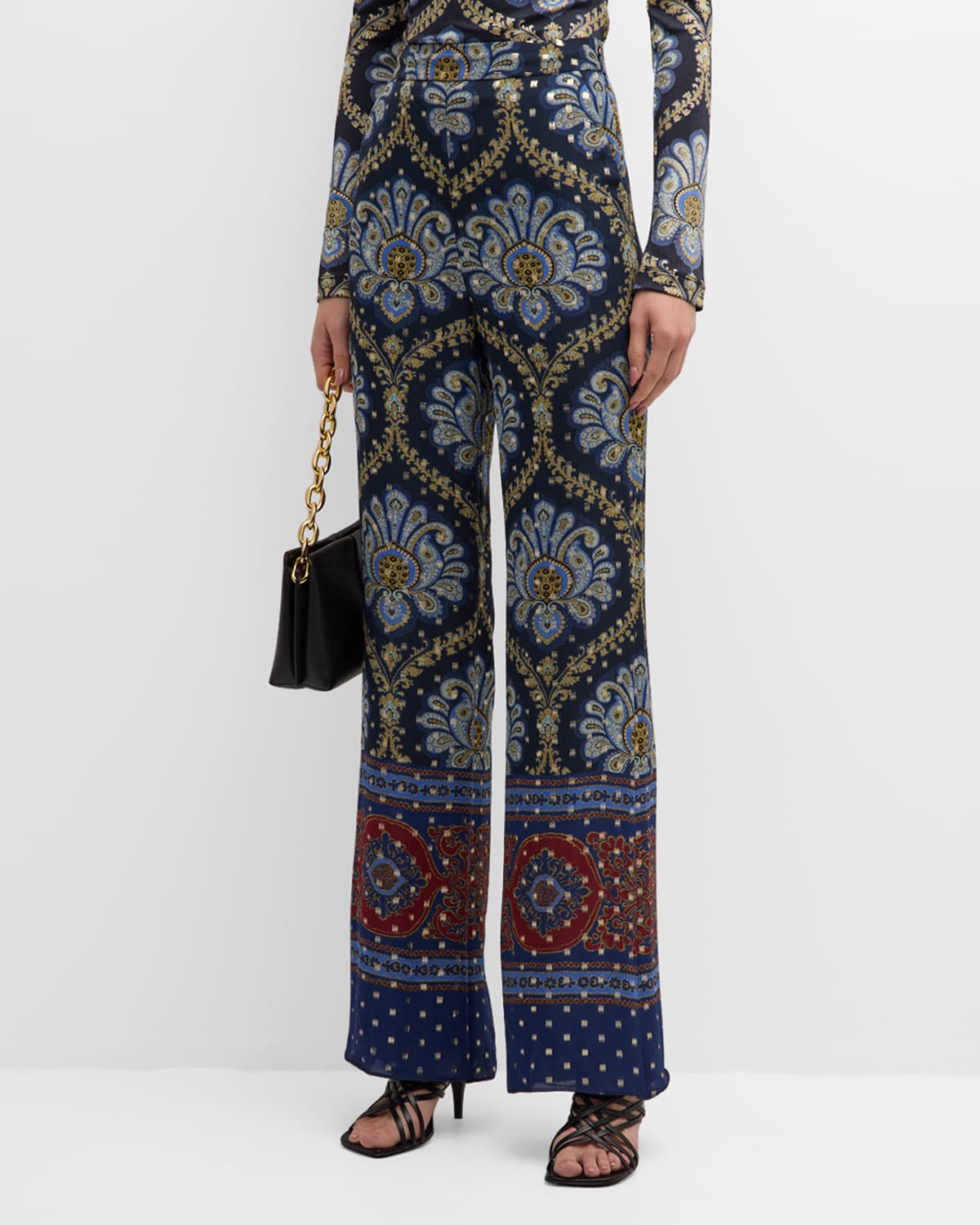 Etro Printed Lurex Fil Coupe Pants In Print On Blue Bas