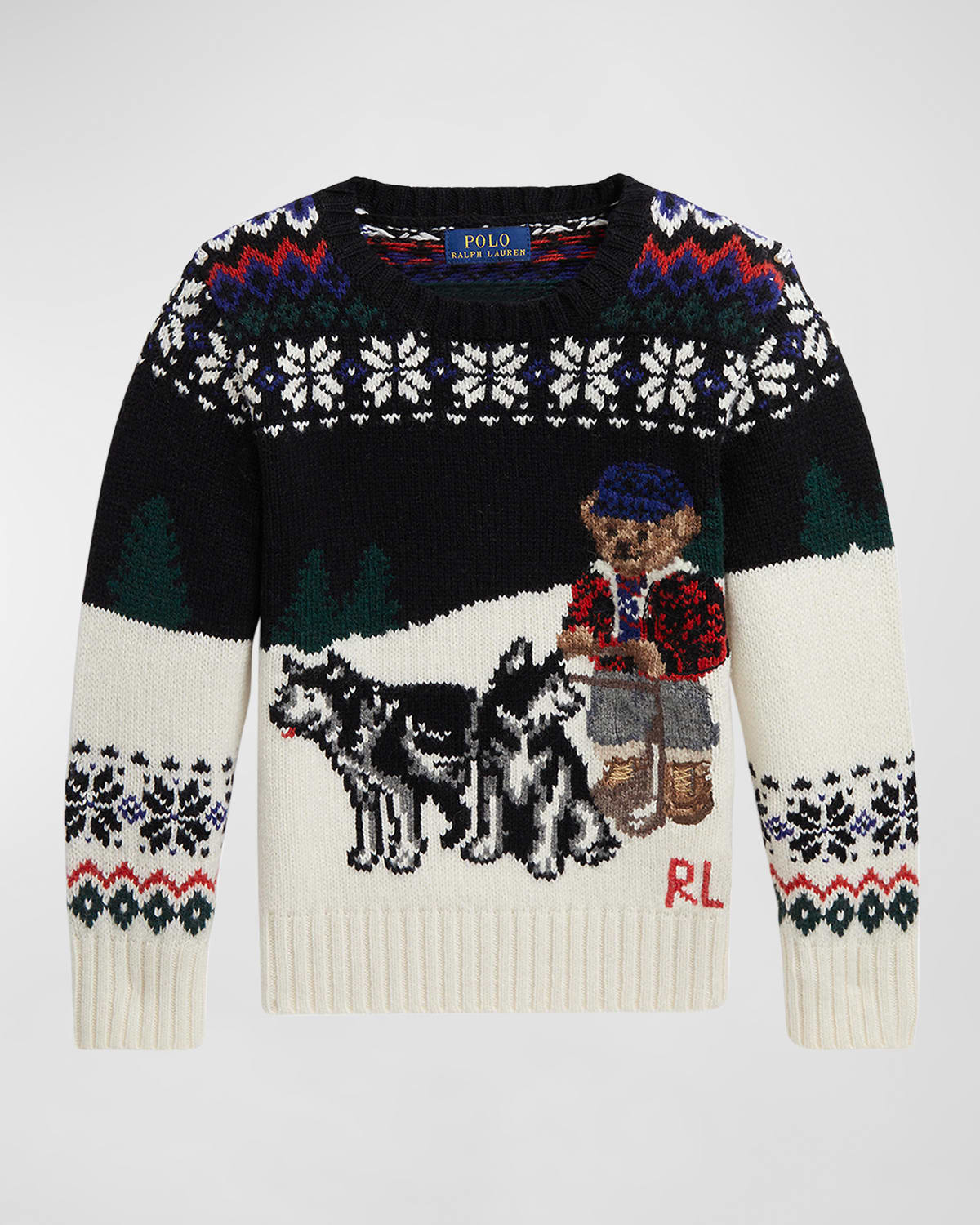 Ralph Lauren Kids' Boy's Fair Isle Festive Polo Bear Wool Sweater In Snowflake Combo