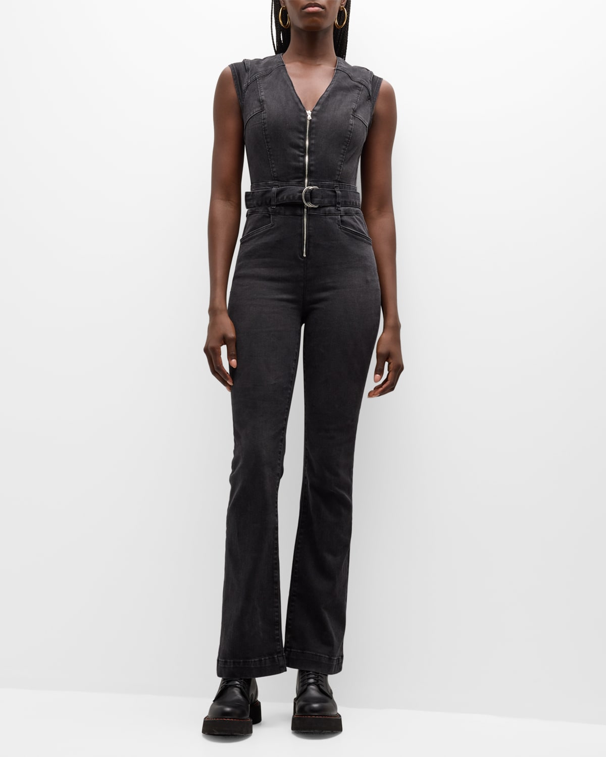 Paige Laurel Canyon Sleeveless Denim Jumpsuit In Dark Twilight