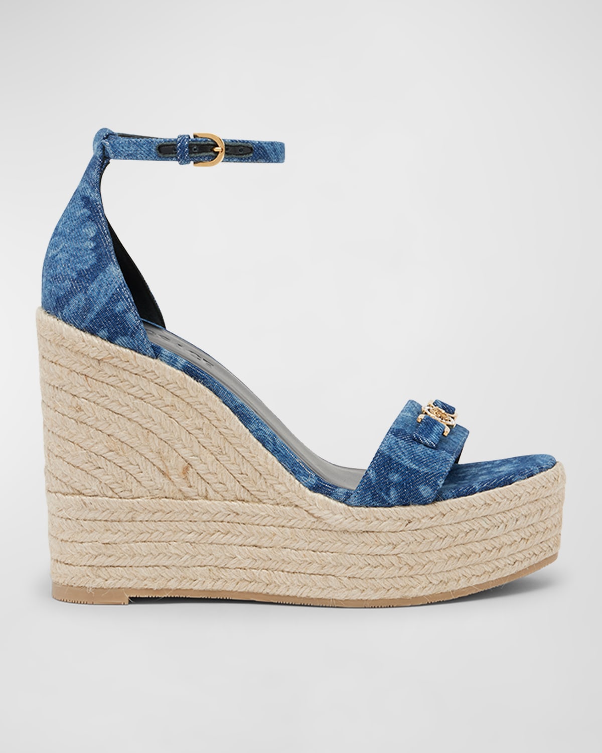 Shop Versace Medusa Denim Ankle-strap Wedge Espadrilles In Blue- Gold