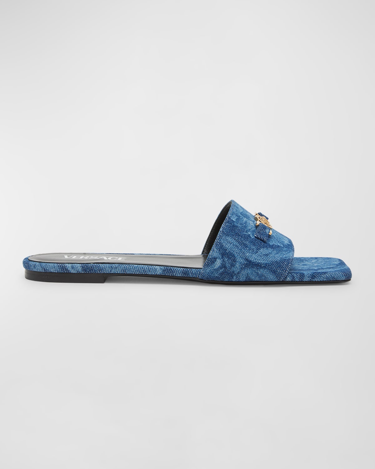 Shop Versace Medusa Denim Flat Slide Sandals In Blue- Gold