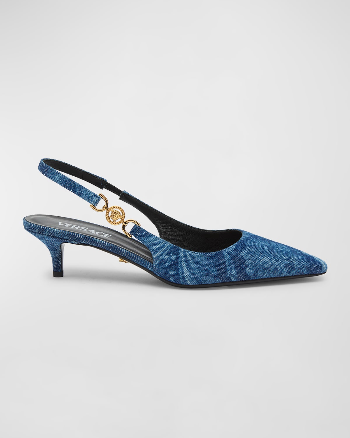 Shop Versace Medusa Denim Kitten Slingback Pumps In Blue- Gold