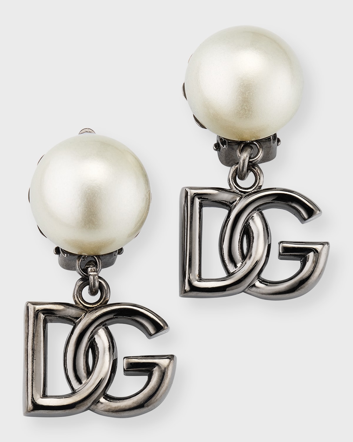 Shop Dolce & Gabbana Pearly Logo Clip-on Earrings In Ruthenium
