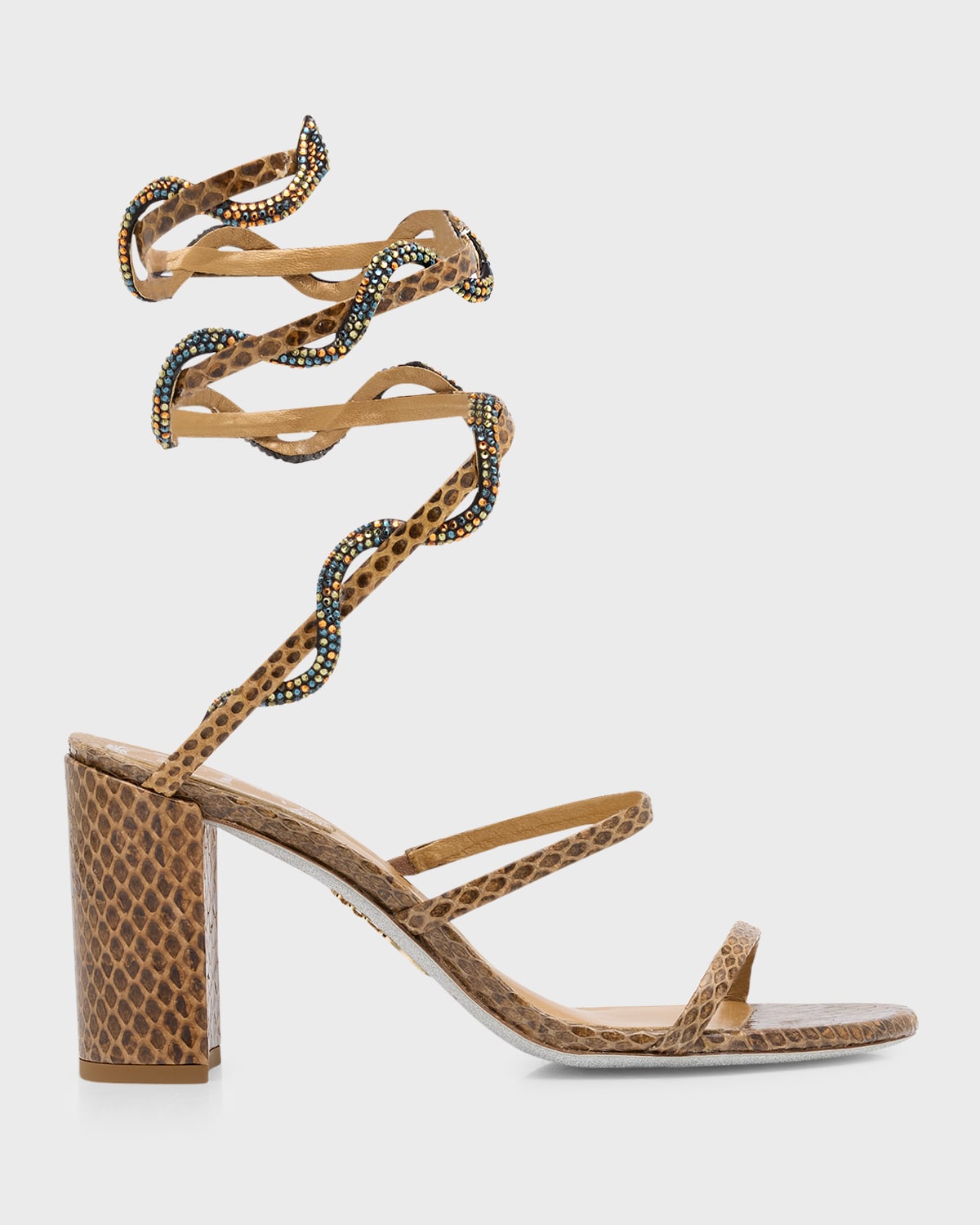 René Caovilla Snake Spiral Strass Block-heel Sandals In Brown