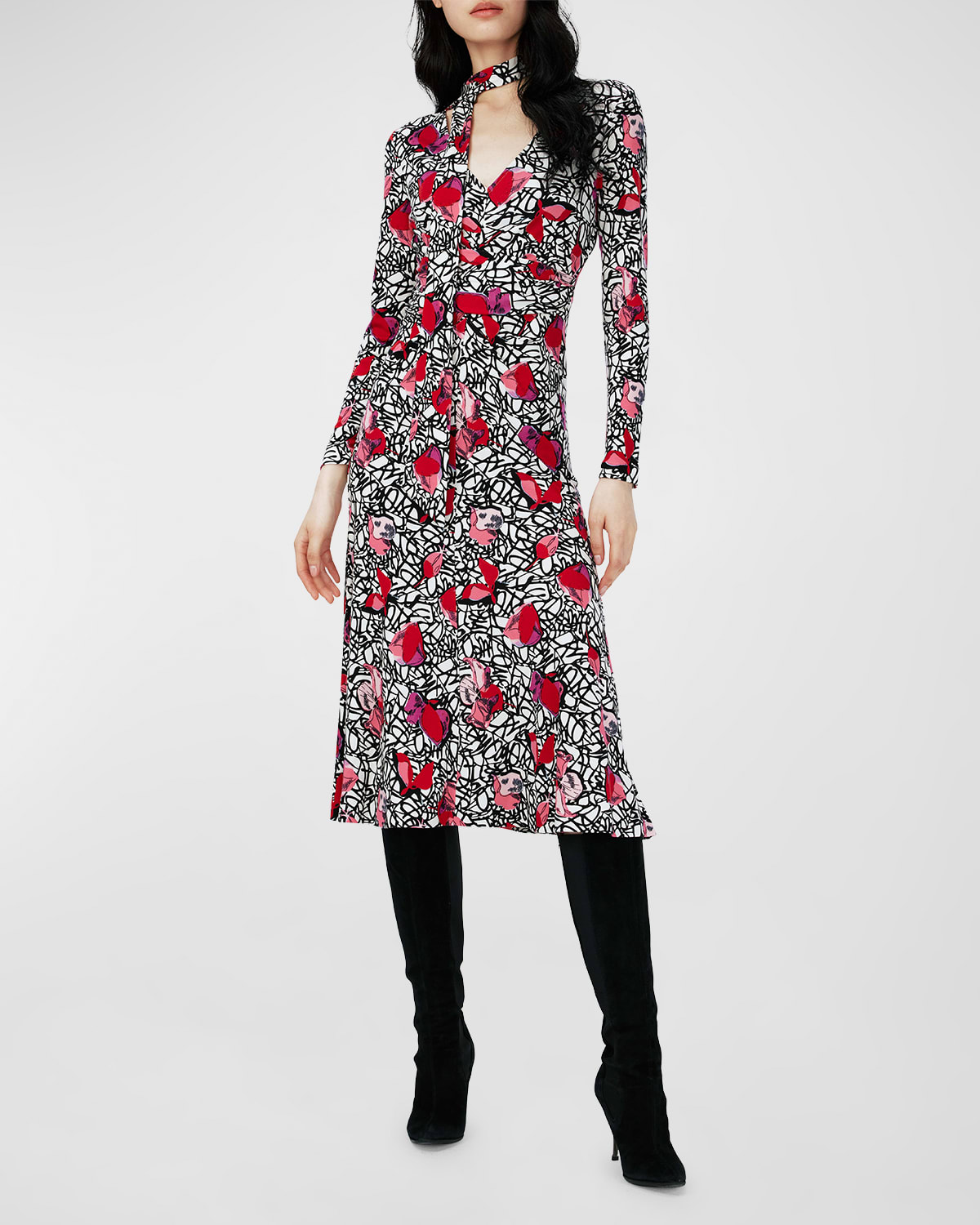 Marsha Floral-Print Tie-Neck Midi Dress