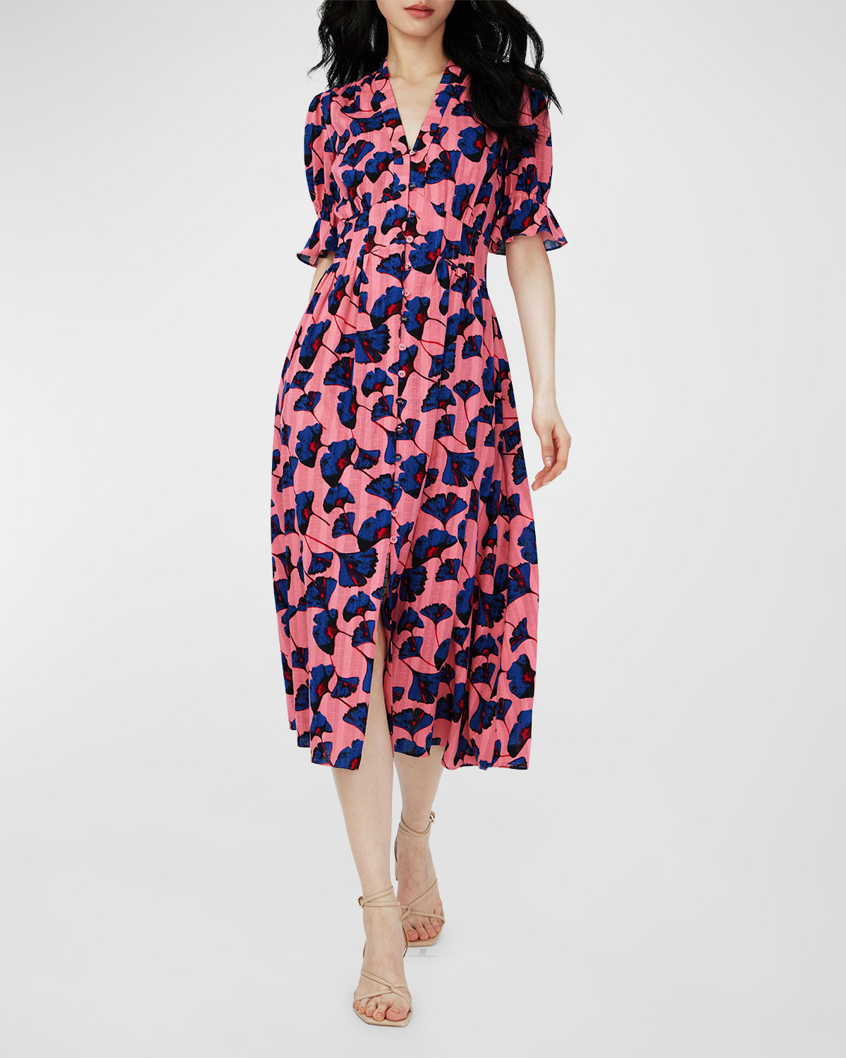 Erica Floral-Print Puff-Sleeve Midi Dress