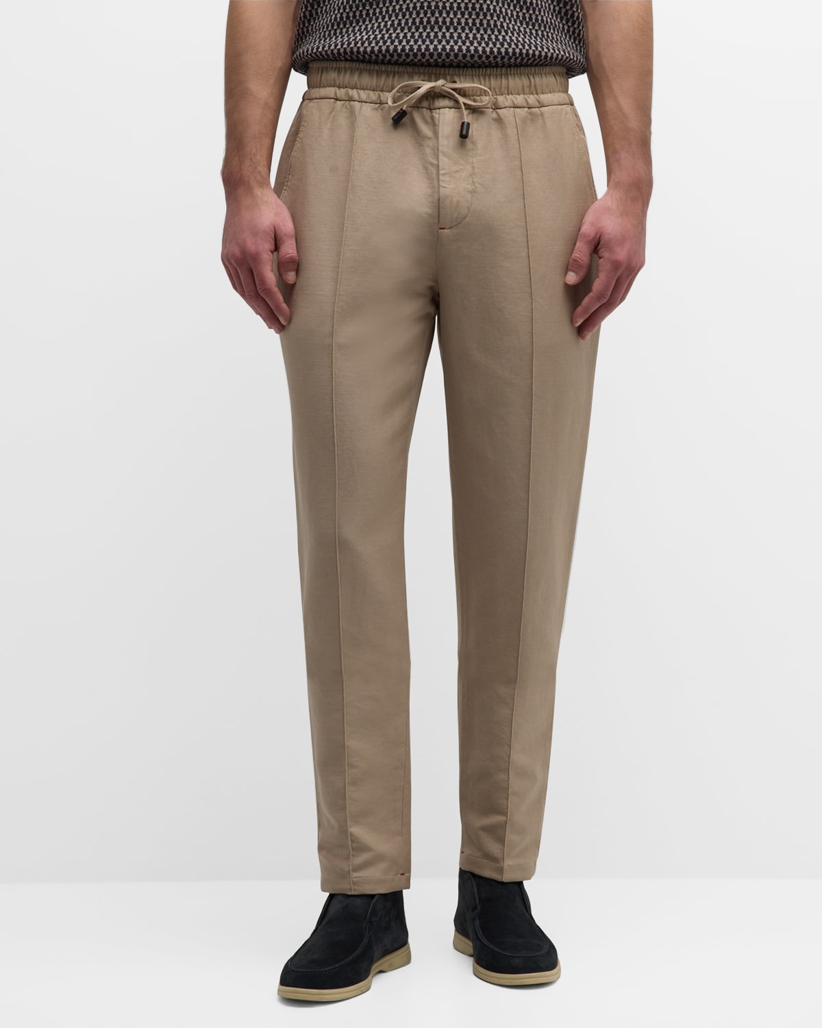Shop Isaia Men's Cotton-linen Drawstring Pants In Medium Beige