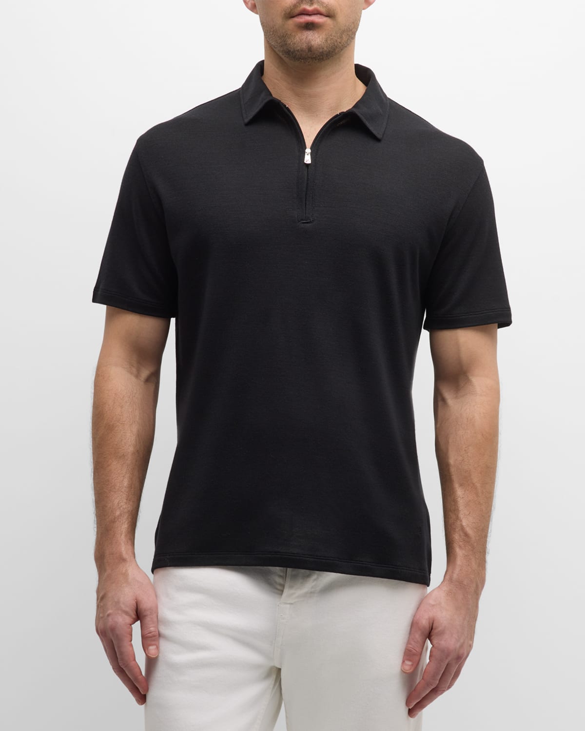 Shop Isaia Men's Wool Quarter-zip Polo Shirt In Black