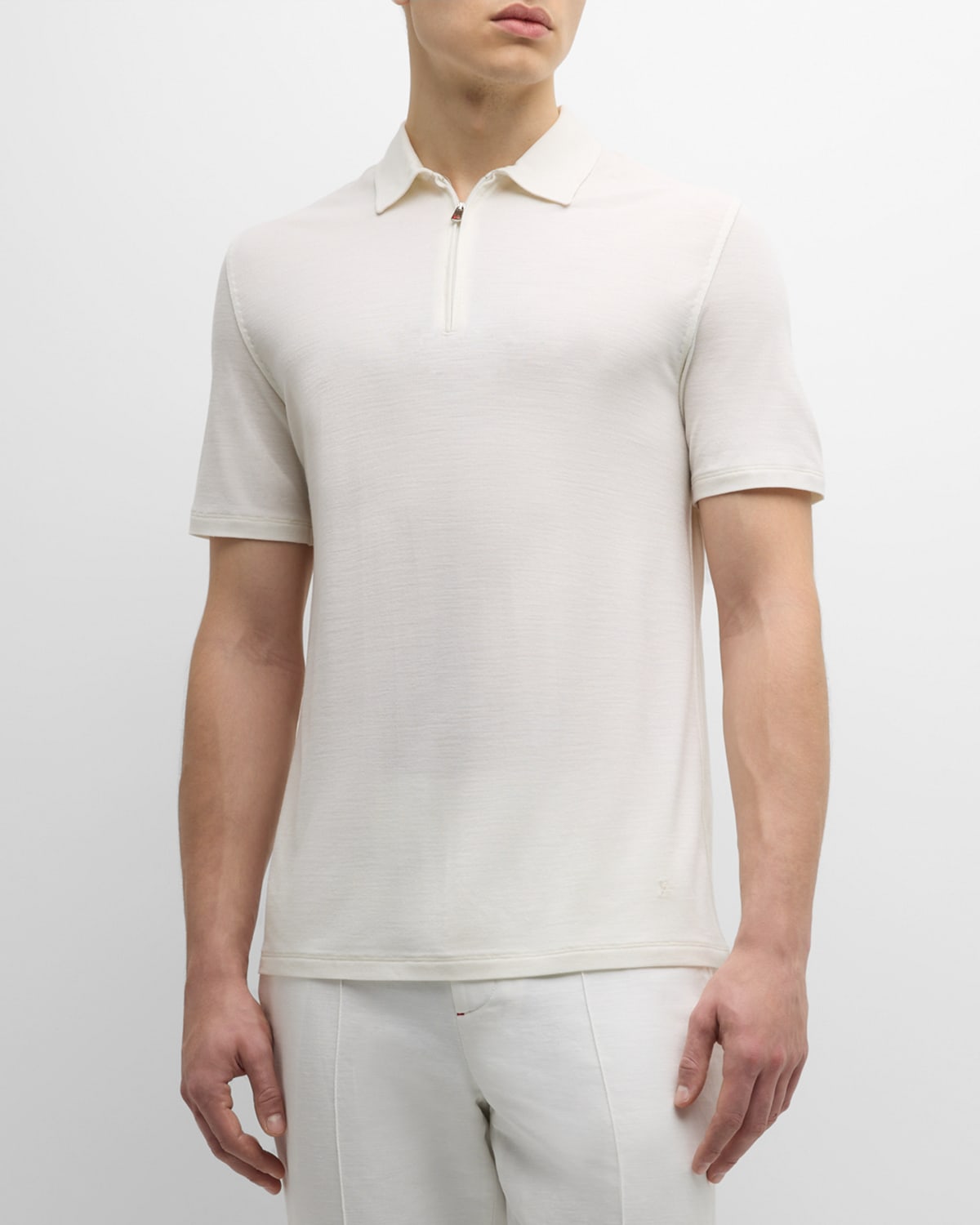 Shop Isaia Men's Wool Quarter-zip Polo Shirt In Open White