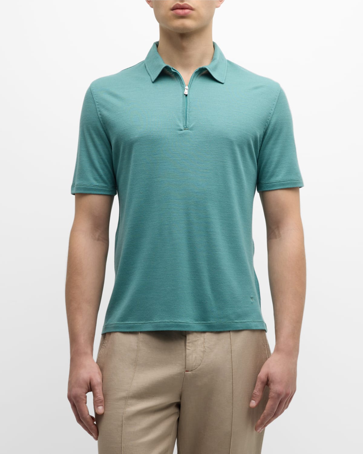 Shop Isaia Men's Wool Quarter-zip Polo Shirt In Open Green