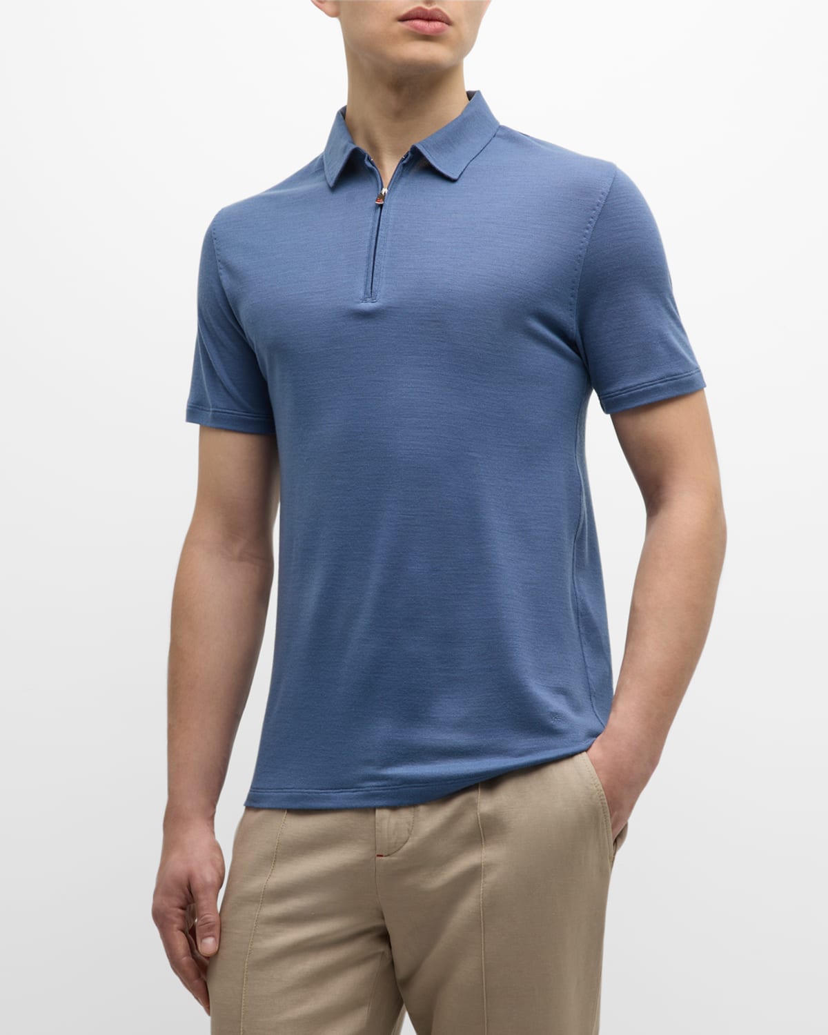 Shop Isaia Men's Wool Quarter-zip Polo Shirt In Pastel Blue