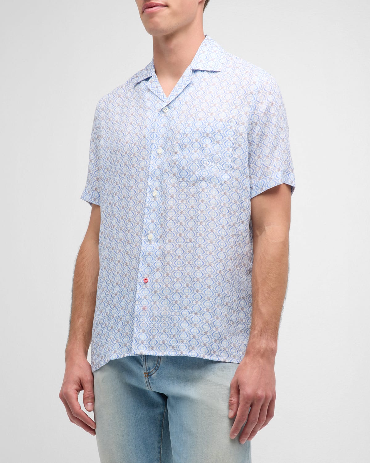 Shop Isaia Men's Linen Geometric-print Camp Shirt In White Blue