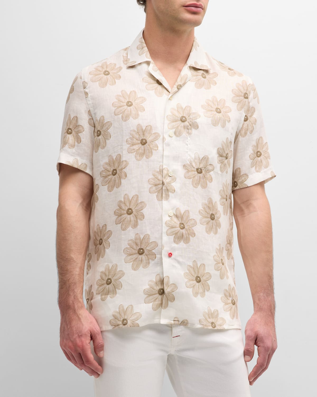 Shop Isaia Men's Linen Floral-print Camp Shirt In White Beige