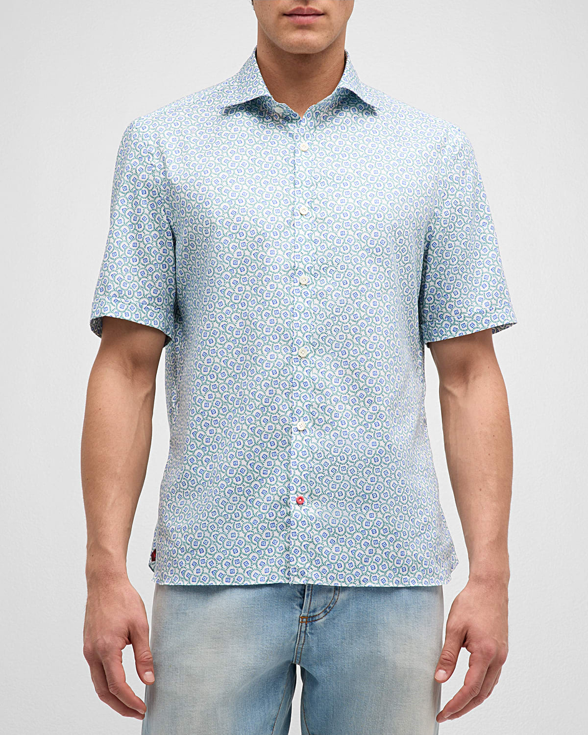 Shop Isaia Men's Cotton Circle-print Short-sleeve Shirt In White Green