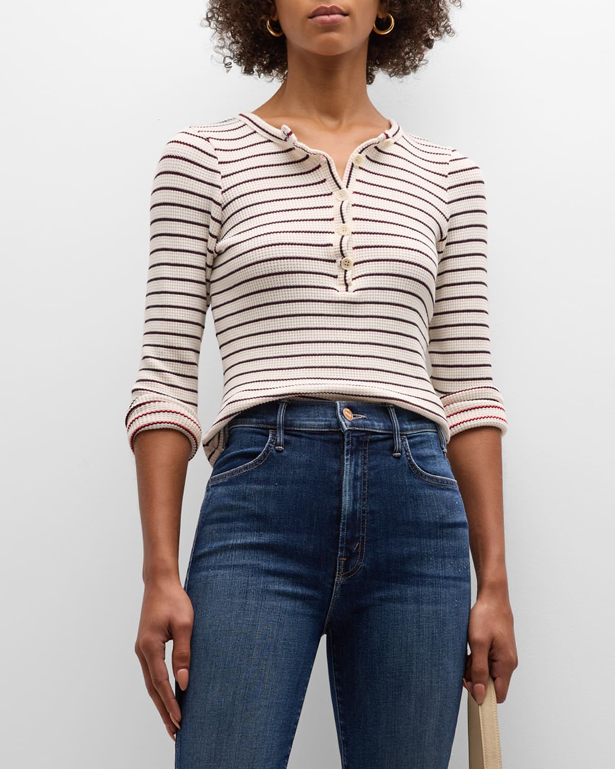 Shop Mother The Itty Bitty Pixie Thermal Henley Shirt In Strip Tease
