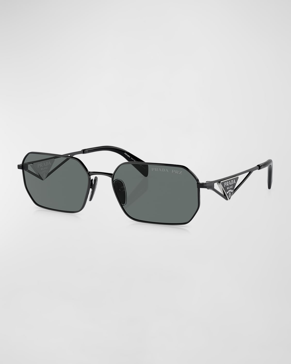 Shop Prada Polarized Steel Rectangle Sunglasses In Black