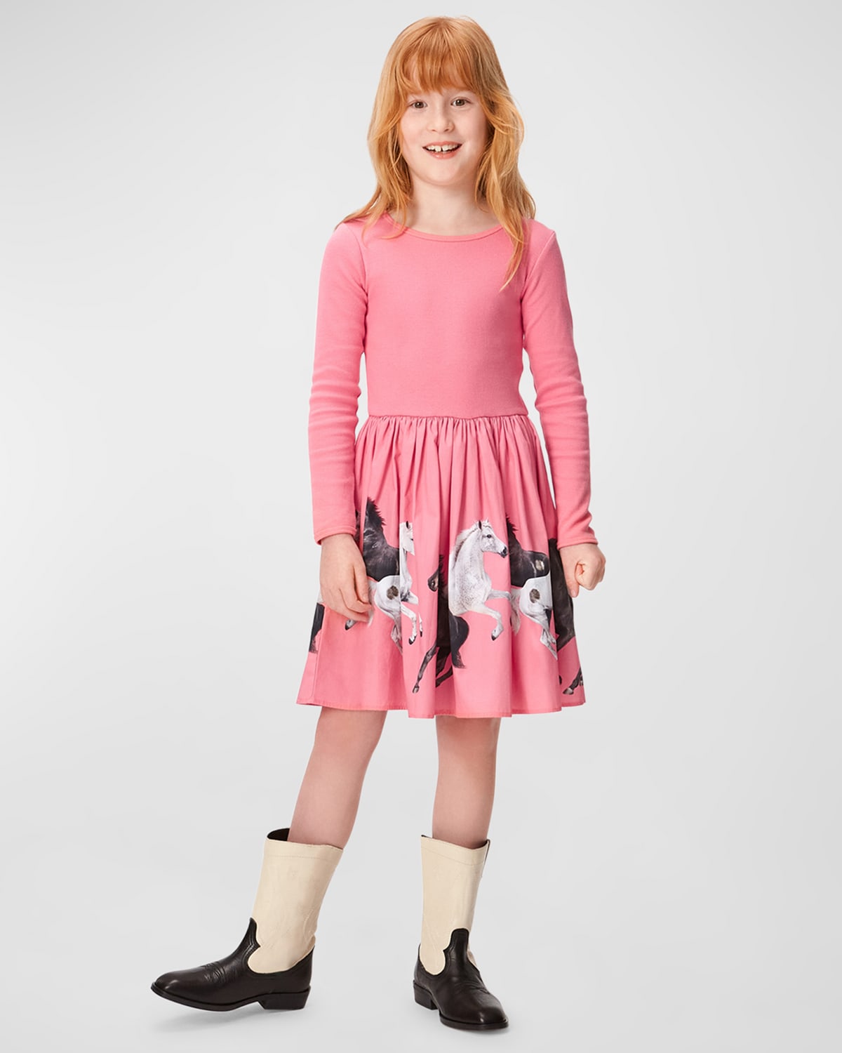 Molo Kids' Girl's Casie Horse-print Combo Dress In Wild Yin Yang