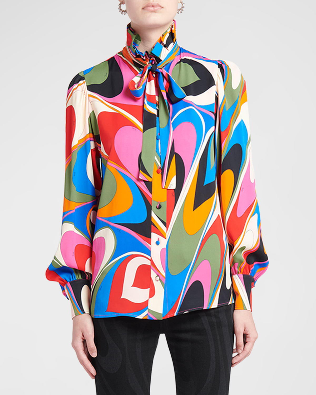 Emilio Pucci Abstract-print Neck-tie Ruffle-collared Shirt In Blufuxia