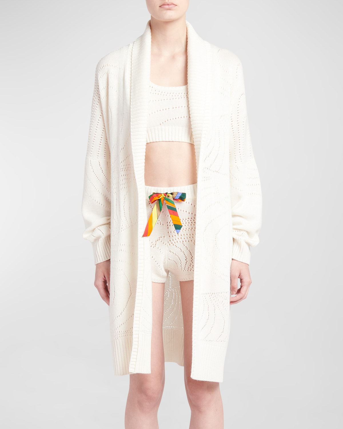 Emilio Pucci Cashmere Pointelle Knit Wrap Cardigan In Bianco