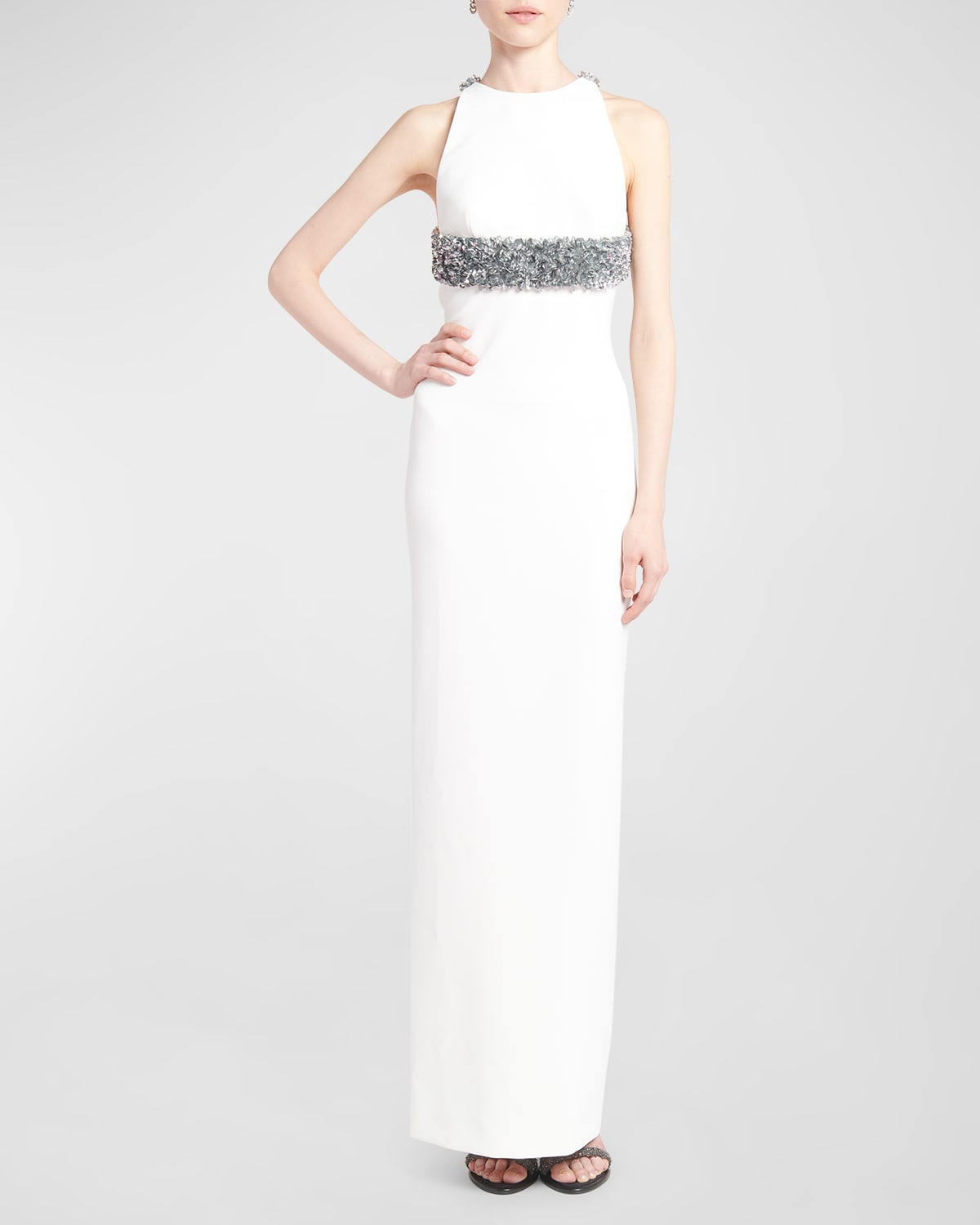 Emilio Pucci Embroidered Empire-waist Sleeveless Column Gown In Bianco