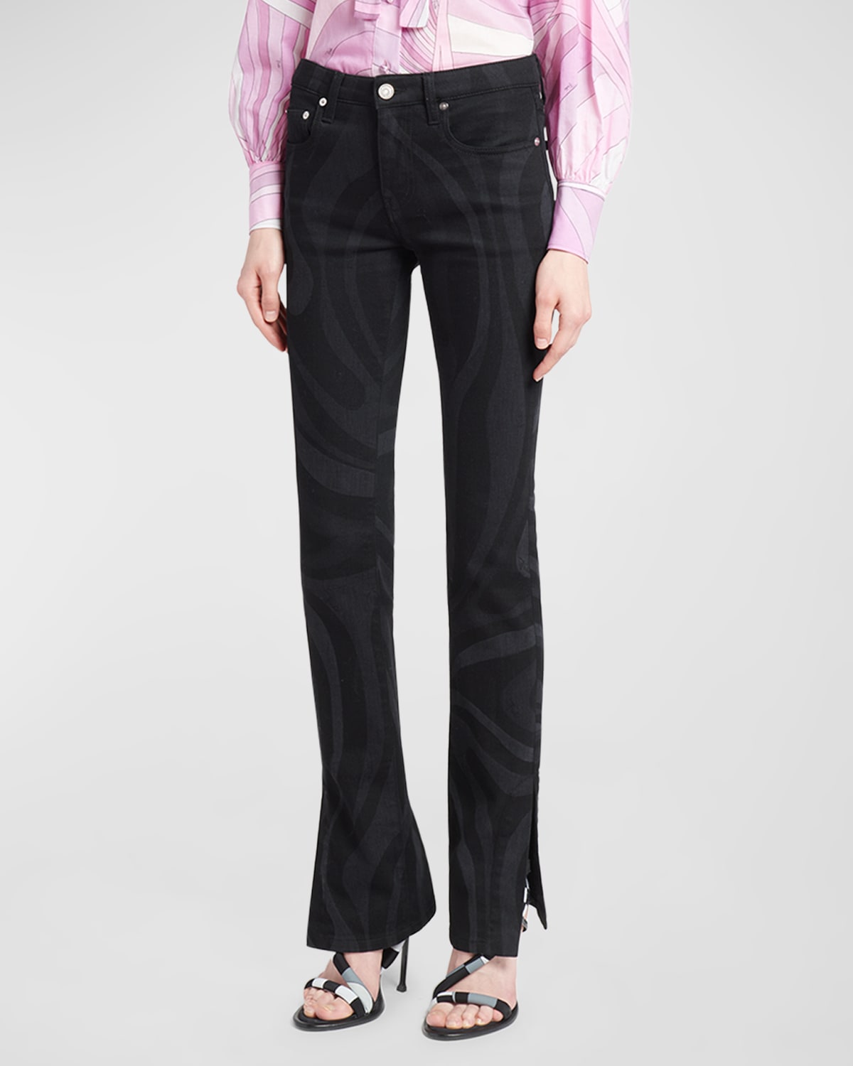 Emilio Pucci Mid-rise Wavy-print Straight-leg Slits-hem Denim Trousers In Nero
