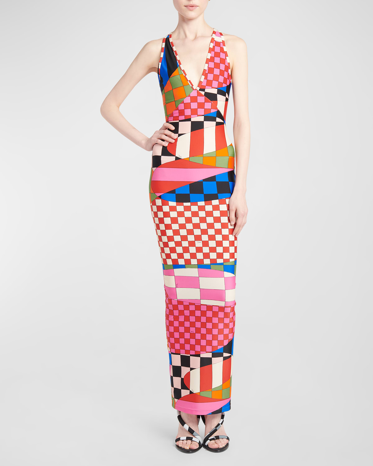 Plunging Abstract-Print Sleeveless Maxi Dress