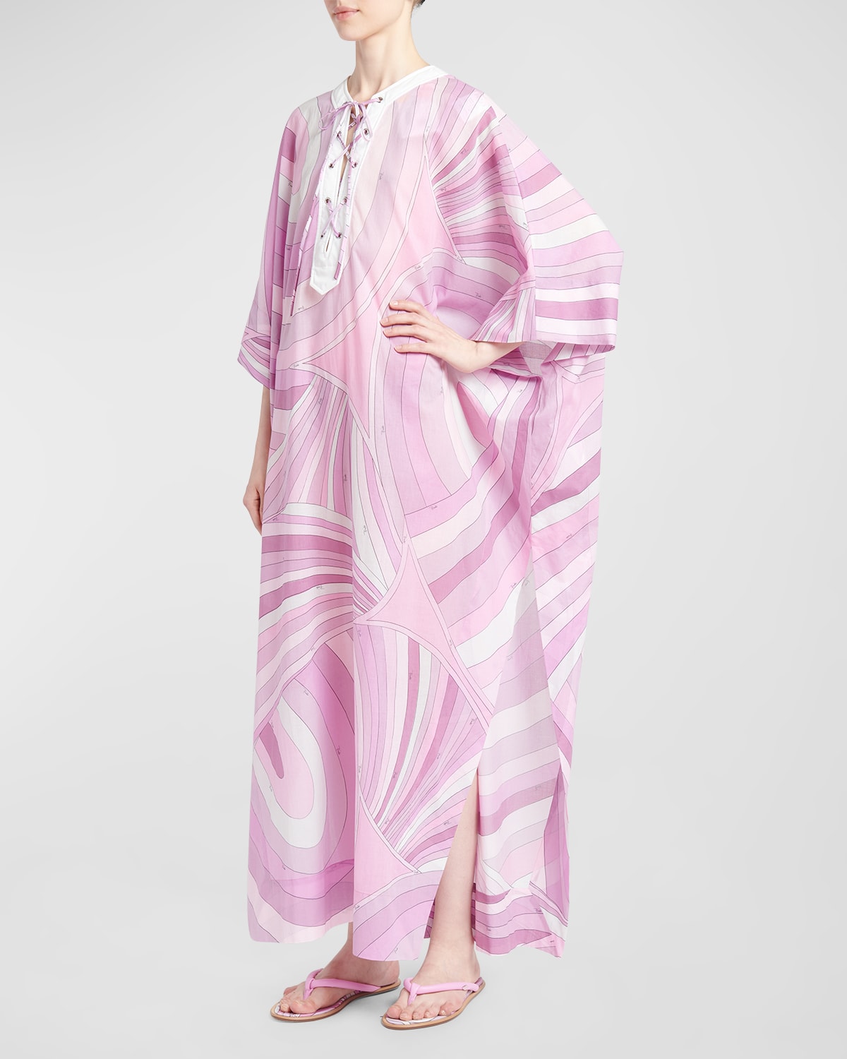 Abstract-Print Lace-Up Maxi Kaftan Dress