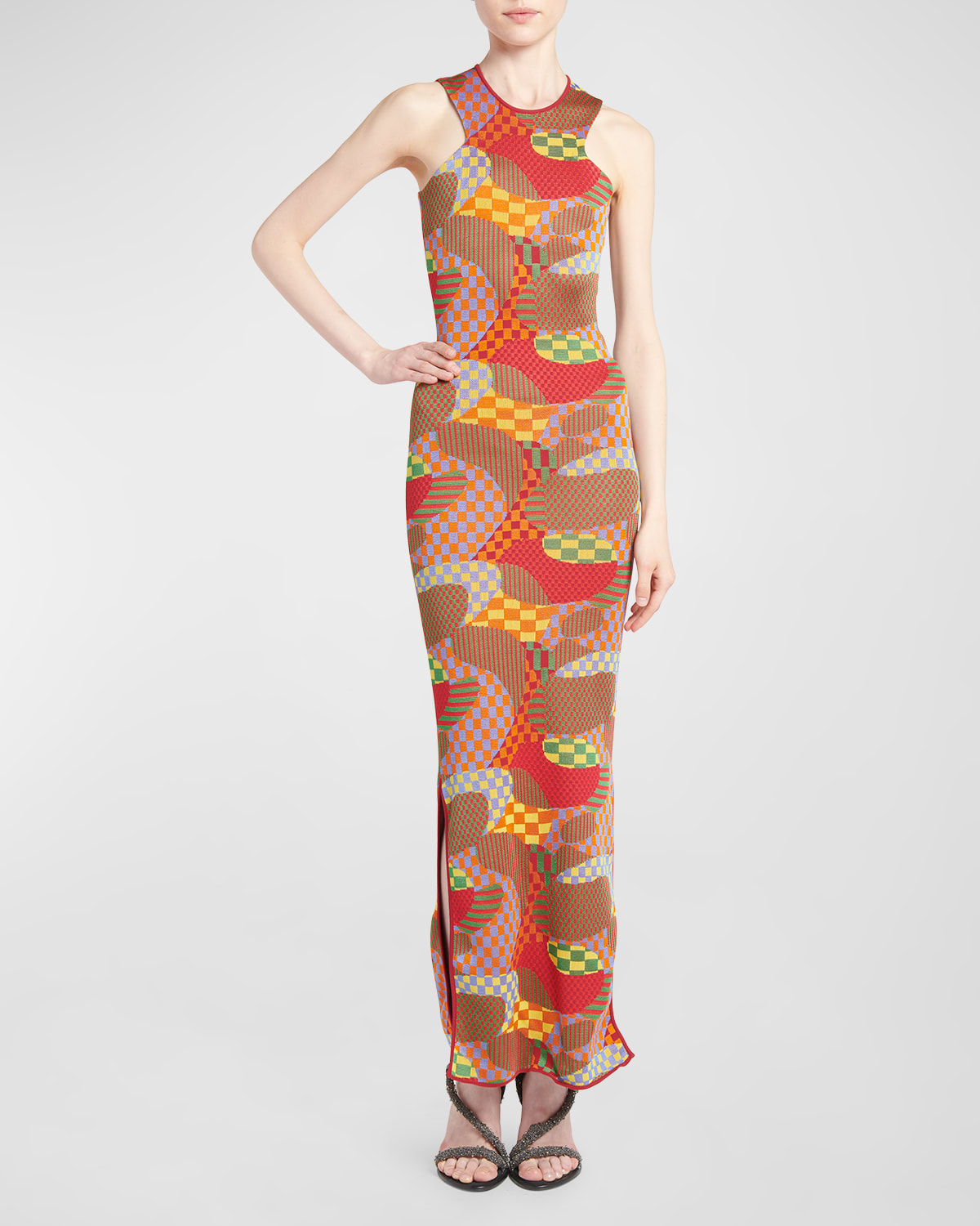 Abstract Knit Sleeveless Slits-Hem Maxi Dress
